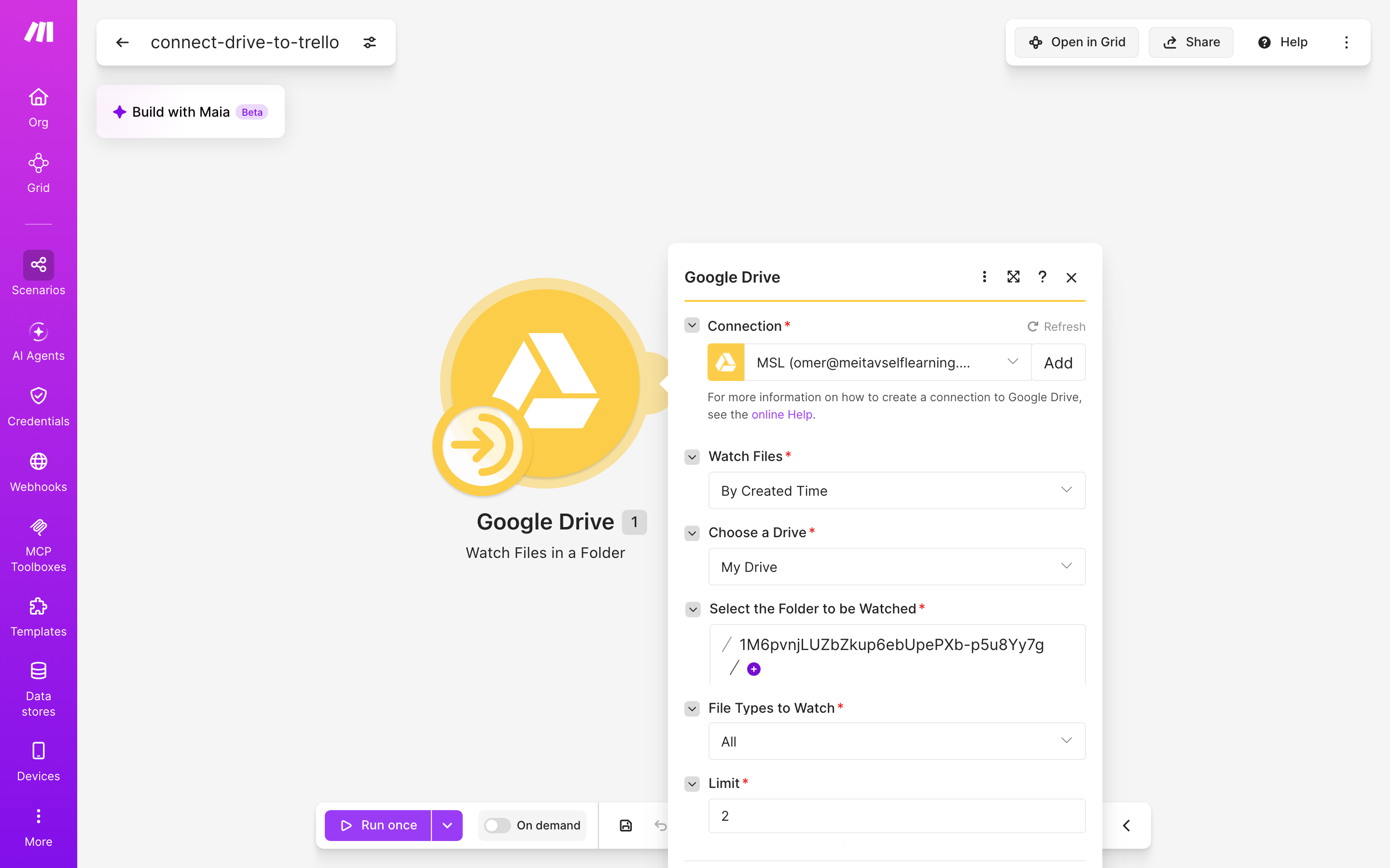 איך מחברים Google Drive ל-Trello — קובץ חדש בתיקייה → נוצר כרטיס בלוח 3 הגדרות המודול Google Drive — Watch Files in a Folder