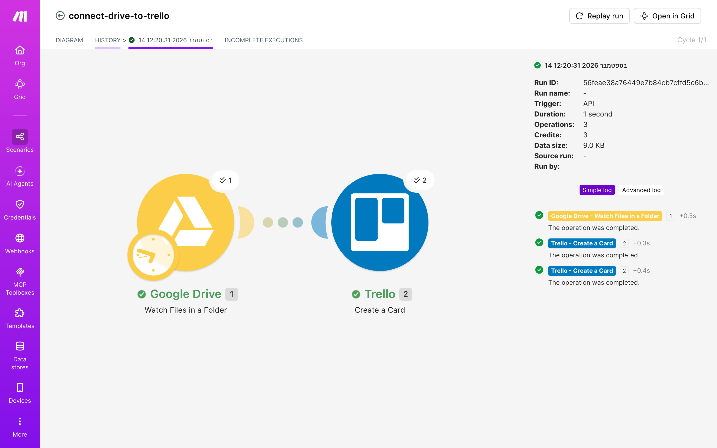 איך מחברים Google Drive ל-Trello — קובץ חדש בתיקייה → נוצר כרטיס בלוח 5 היסטוריית-הריצות: ריצה ירוקה, 3 פעולות, 14.9.2026
