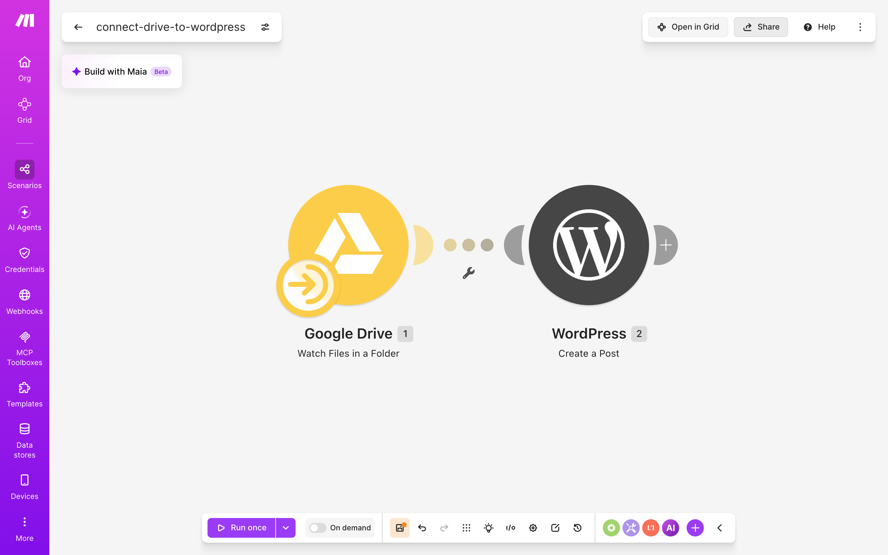 איך מחברים Google Drive ל-WordPress — קובץ חדש בתיקייה → נוצר פוסט באתר 2 עורך התרחיש — Google Drive (Watch Files in a Folder) → WordPress (Create a Post)