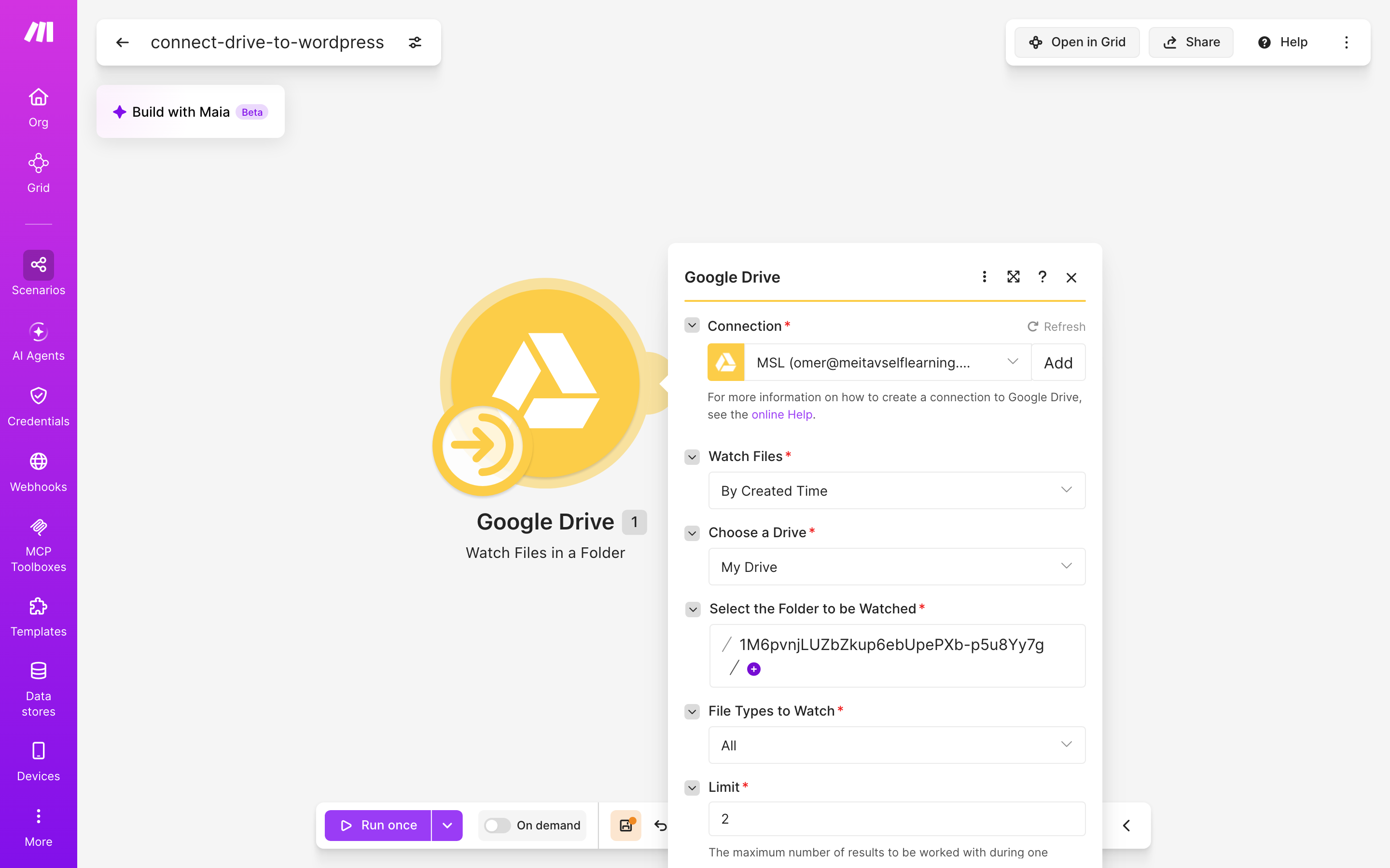 איך מחברים Google Drive ל-WordPress — קובץ חדש בתיקייה → נוצר פוסט באתר 3 הגדרות המודול Google Drive — Watch Files in a Folder