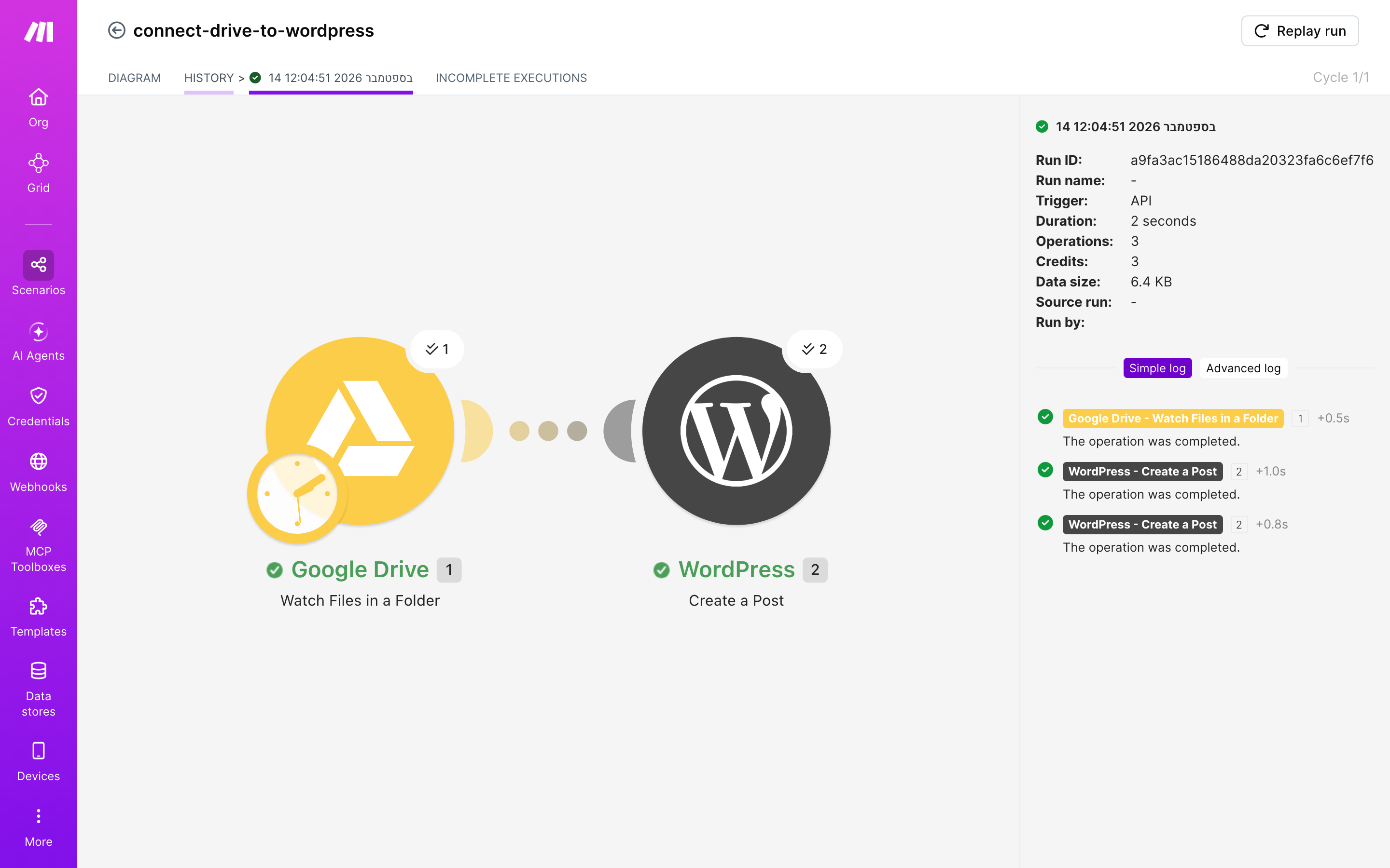 איך מחברים Google Drive ל-WordPress — קובץ חדש בתיקייה → נוצר פוסט באתר 5 היסטוריית-הריצות: ריצה ירוקה, 3 פעולות, 14.9.2026
