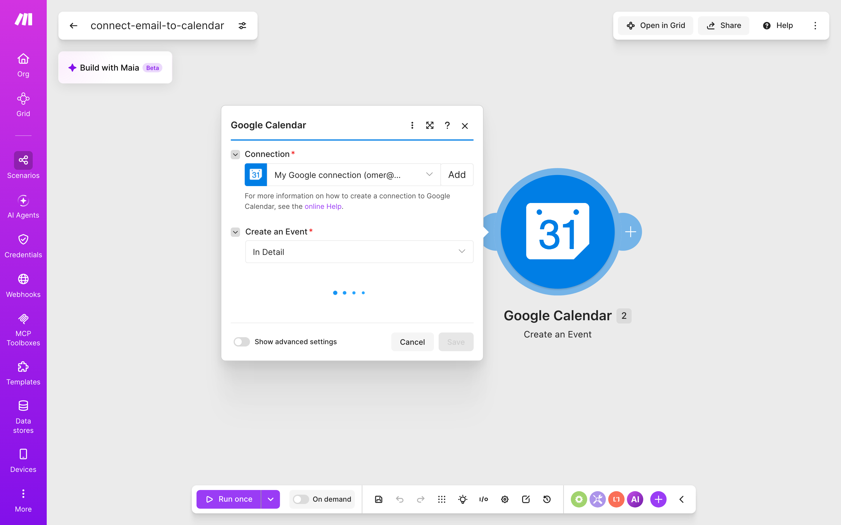 איך מחברים Gmail ל-Google Calendar — מייל חדש נכנס → נוצר אירוע ביומן 4 הגדרות המודול Google Calendar — Create an Event: חיבור: My Google connection · אירוע מפורט (In Detail)