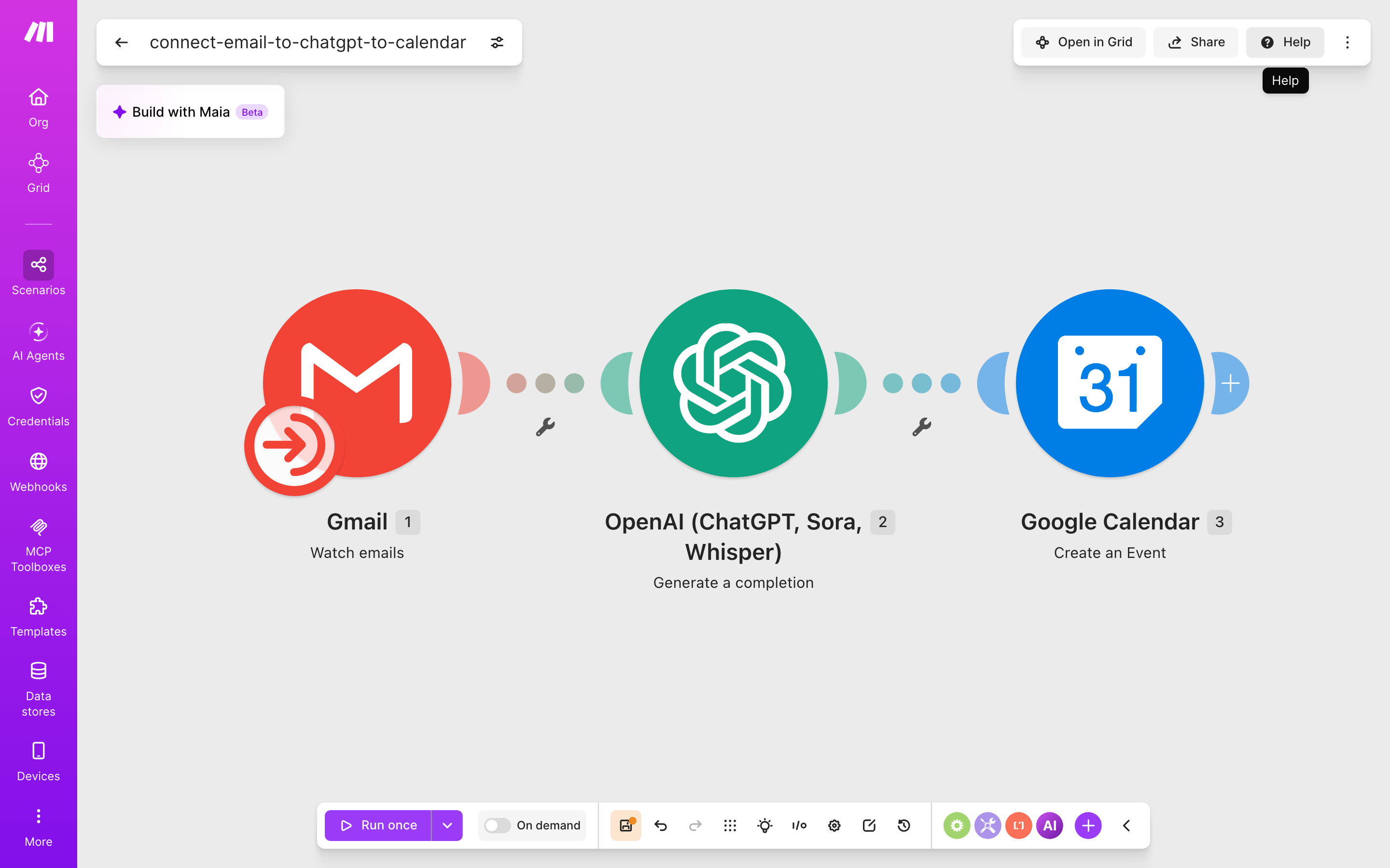 איך מחברים Gmail ל-Google Calendar — מייל חדש נכנס → ChatGPT מנסח בעברית → נוצר אירוע ביומן 2 עורך התרחיש — Gmail (Watch emails) → ChatGPT (Generate a completion) → Google Calendar (Create an Event)