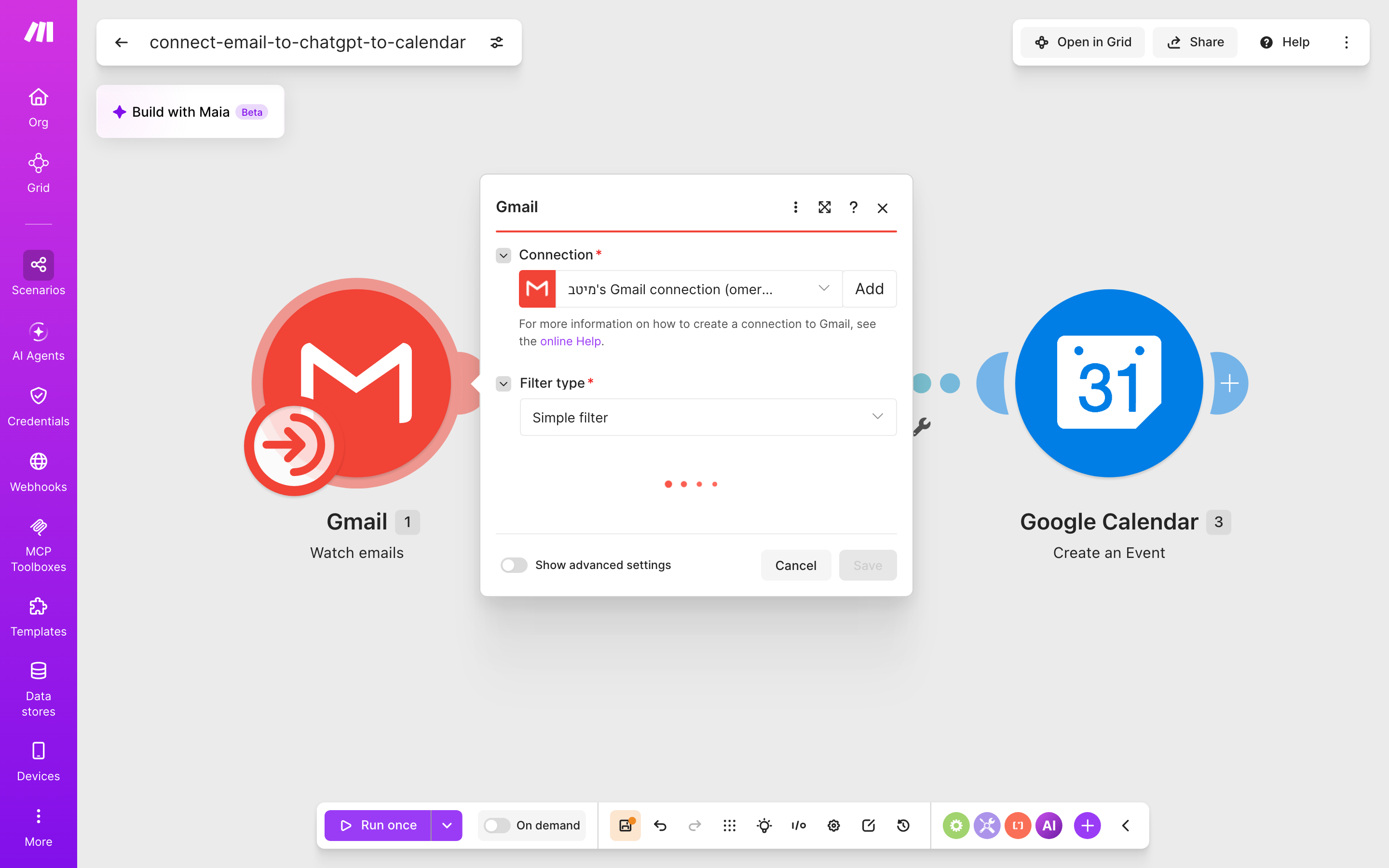 איך מחברים Gmail ל-Google Calendar — מייל חדש נכנס → ChatGPT מנסח בעברית → נוצר אירוע ביומן 3 הגדרות המודול Gmail — Watch emails: חיבור: מיטב לימוד עצמי's Google connection · סוג-סינון: Simple filter
