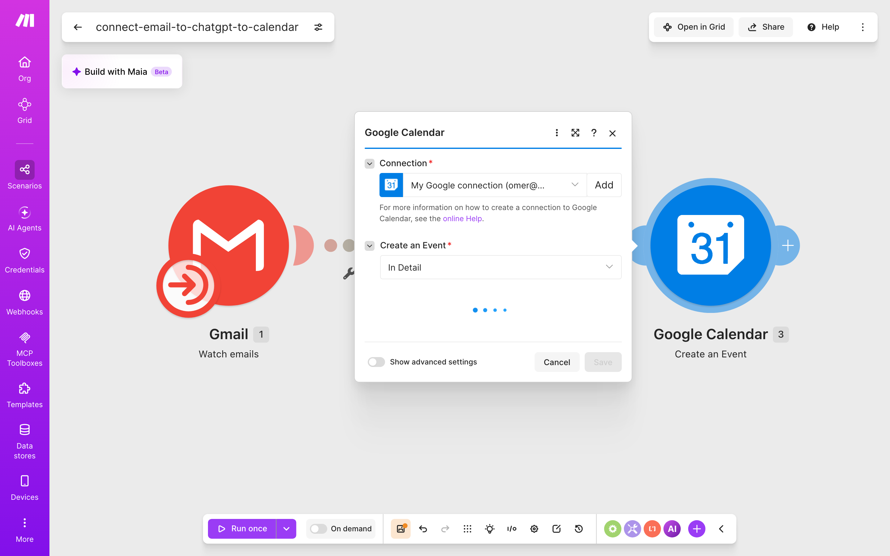 איך מחברים Gmail ל-Google Calendar — מייל חדש נכנס → ChatGPT מנסח בעברית → נוצר אירוע ביומן 5 הגדרות המודול Google Calendar — Create an Event: חיבור: My Google connection · אירוע מפורט (In Detail)