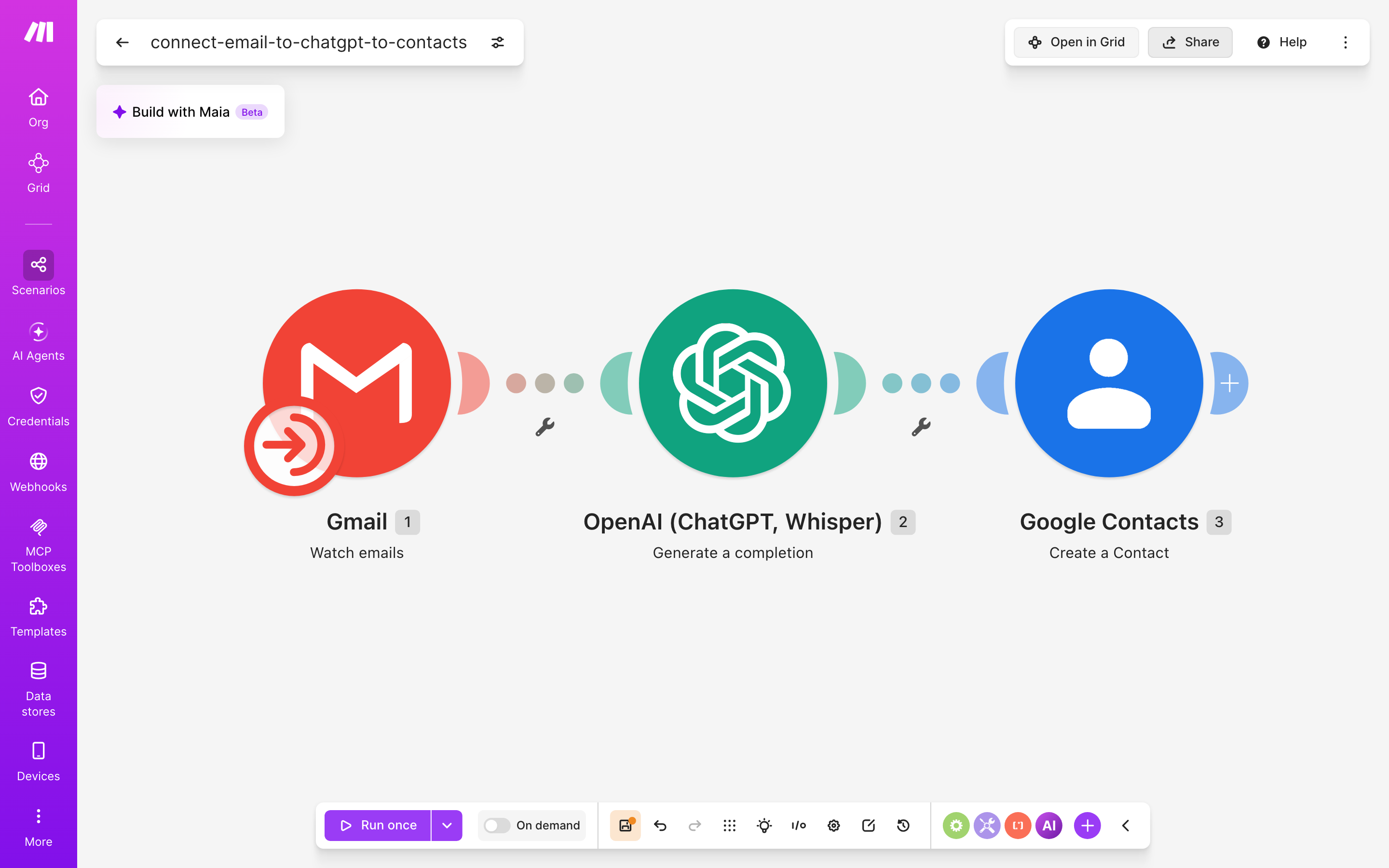 איך מחברים Gmail ל-contacts — מייל חדש נכנס → ChatGPT מנסח בעברית → נוצר איש-קשר 2 עורך התרחיש — Gmail (Watch emails) → ChatGPT (Generate a completion) → google-contacts (Create Acontact)