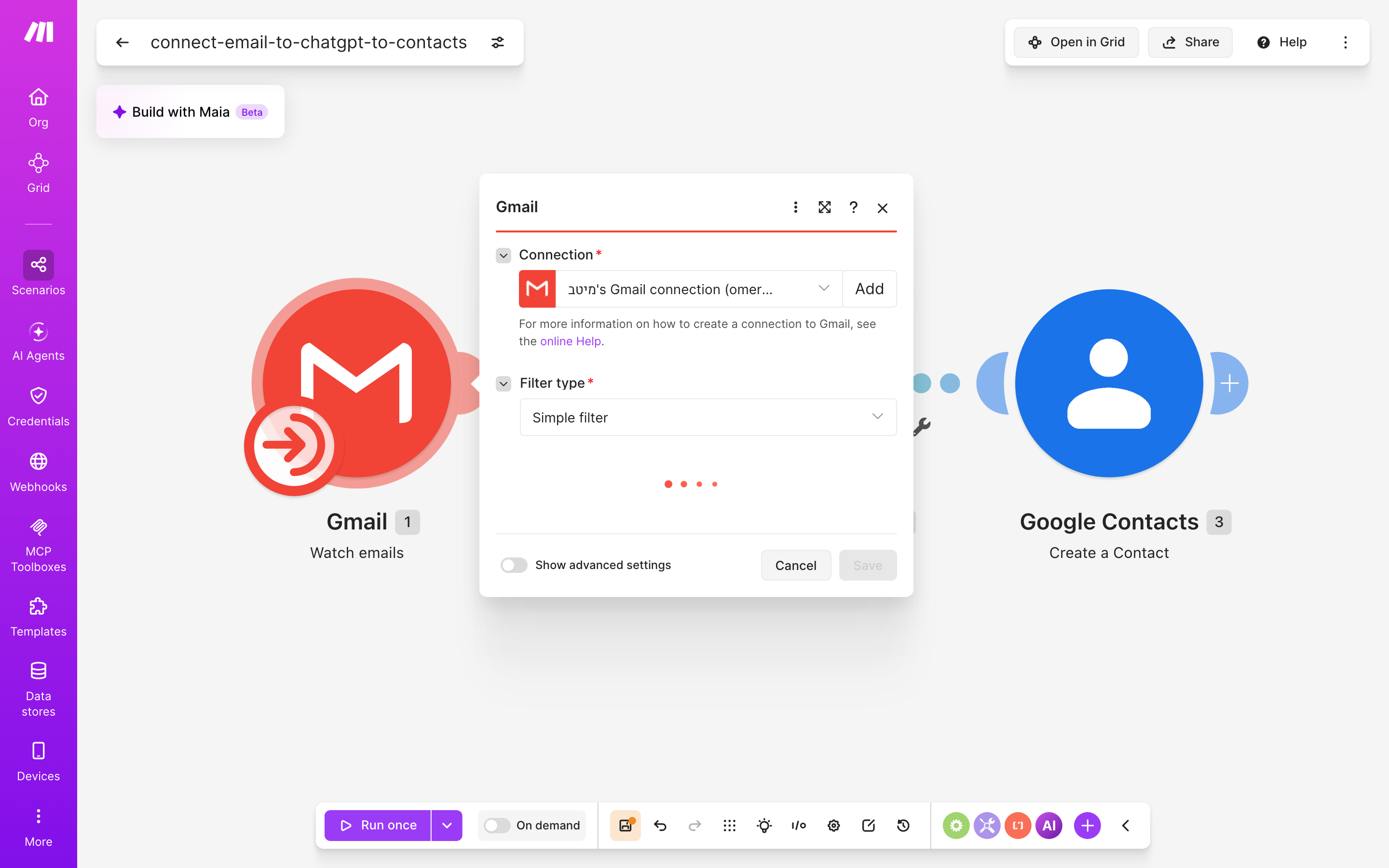 איך מחברים Gmail ל-contacts — מייל חדש נכנס → ChatGPT מנסח בעברית → נוצר איש-קשר 3 הגדרות המודול Gmail — Watch emails