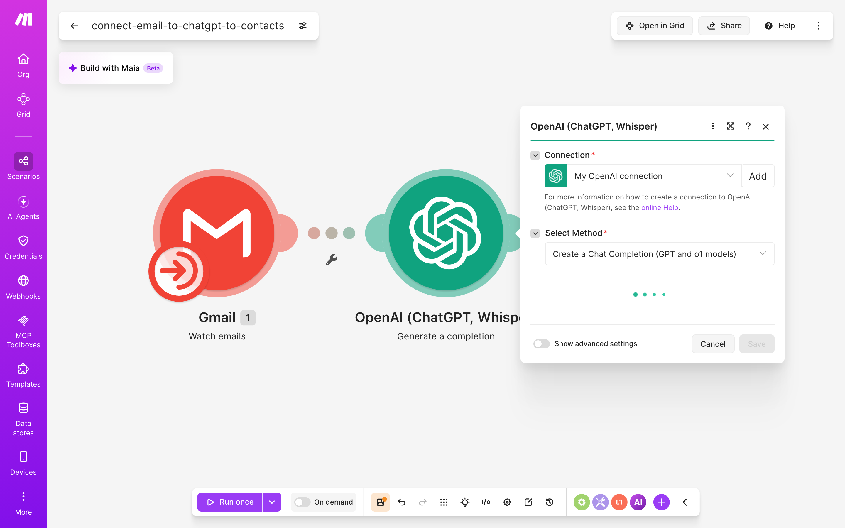 איך מחברים Gmail ל-contacts — מייל חדש נכנס → ChatGPT מנסח בעברית → נוצר איש-קשר 4 הגדרות המודול ChatGPT — Generate a completion