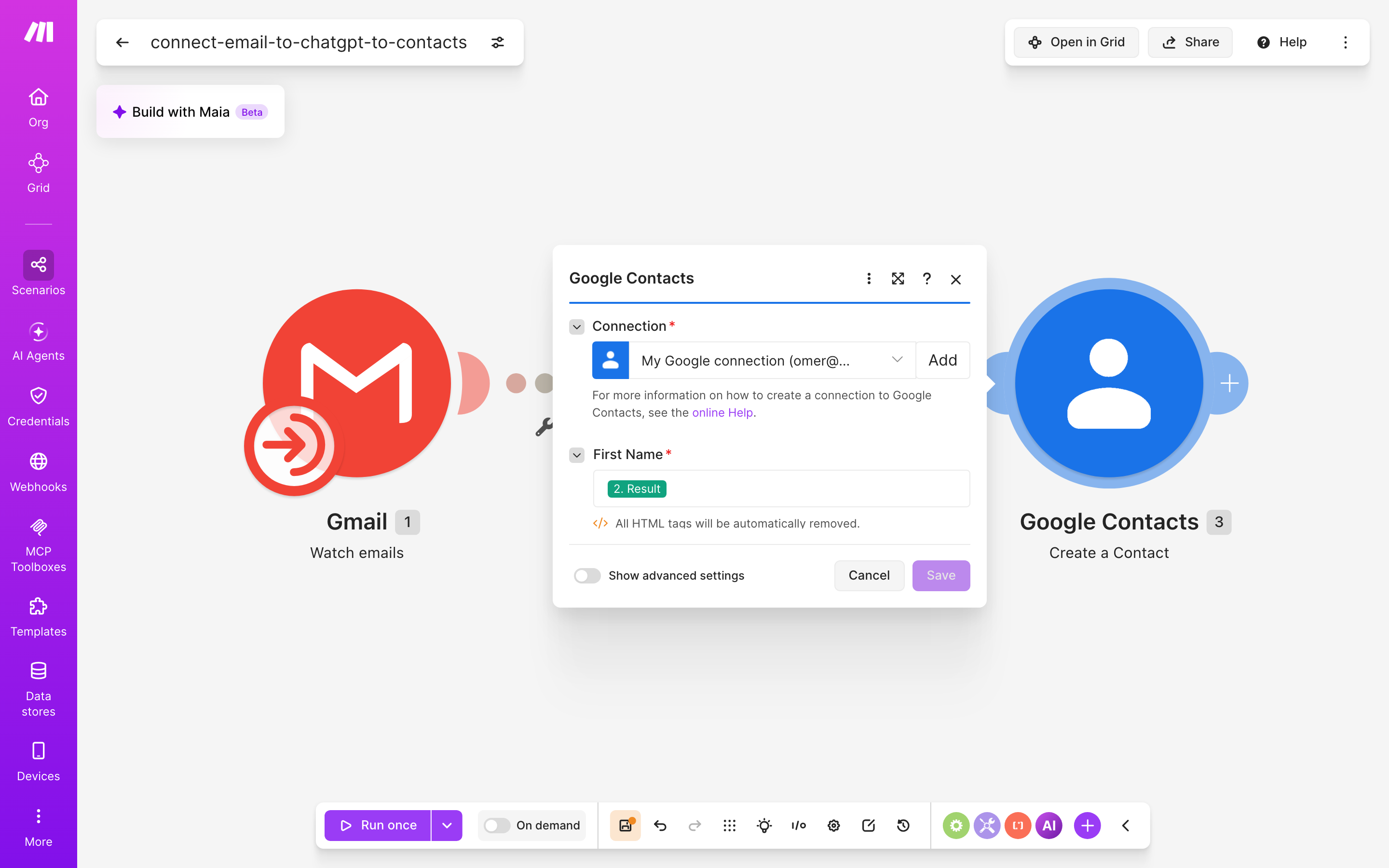 איך מחברים Gmail ל-contacts — מייל חדש נכנס → ChatGPT מנסח בעברית → נוצר איש-קשר 5 הגדרות המודול google-contacts — Create Acontact