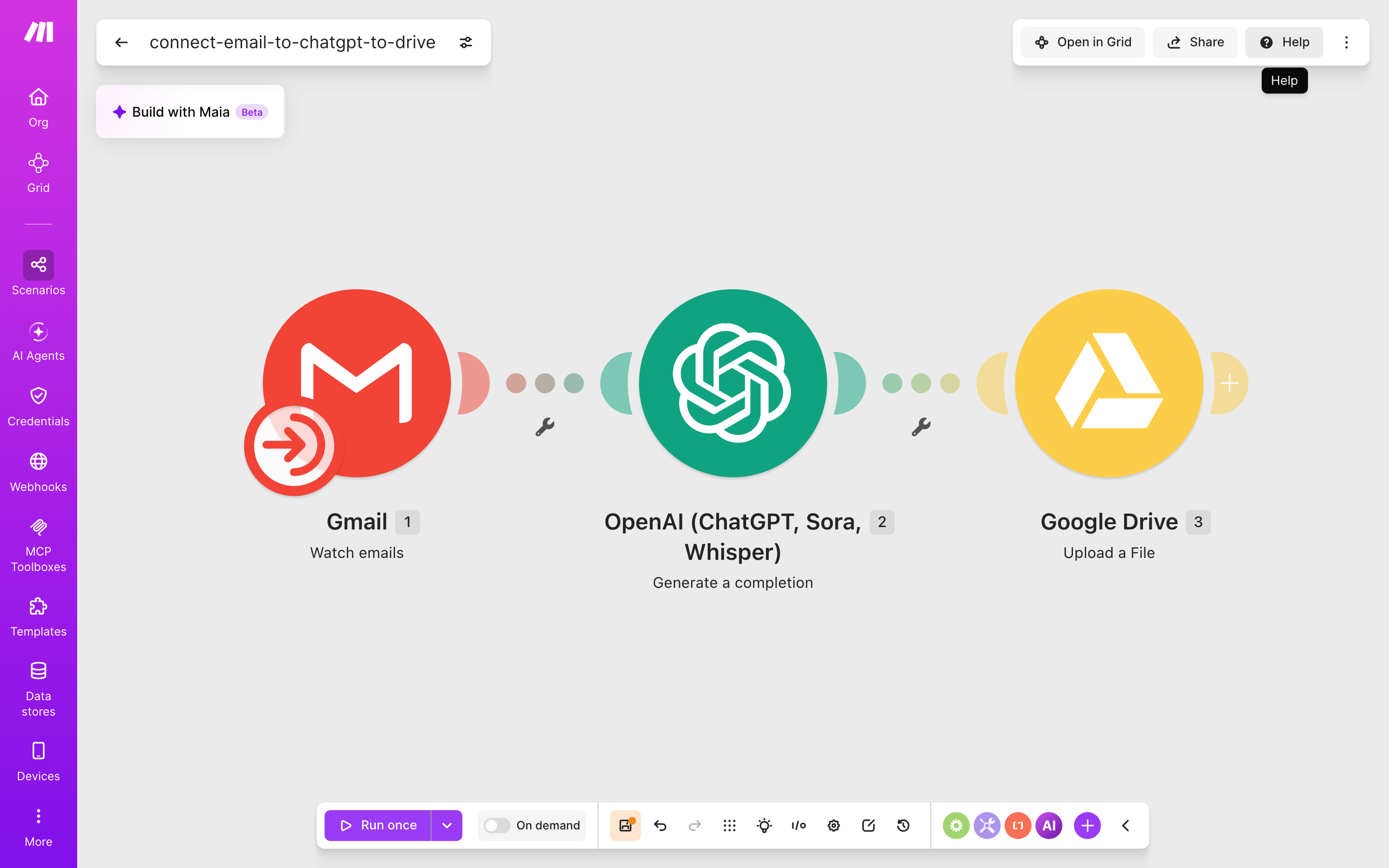 איך מחברים Gmail ל-Google Drive — מייל חדש נכנס → ChatGPT מנסח בעברית → הקובץ נשמר בתיקייה 2 עורך התרחיש — Gmail (Watch emails) → ChatGPT (Generate a completion) → Google Drive (Upload a File)