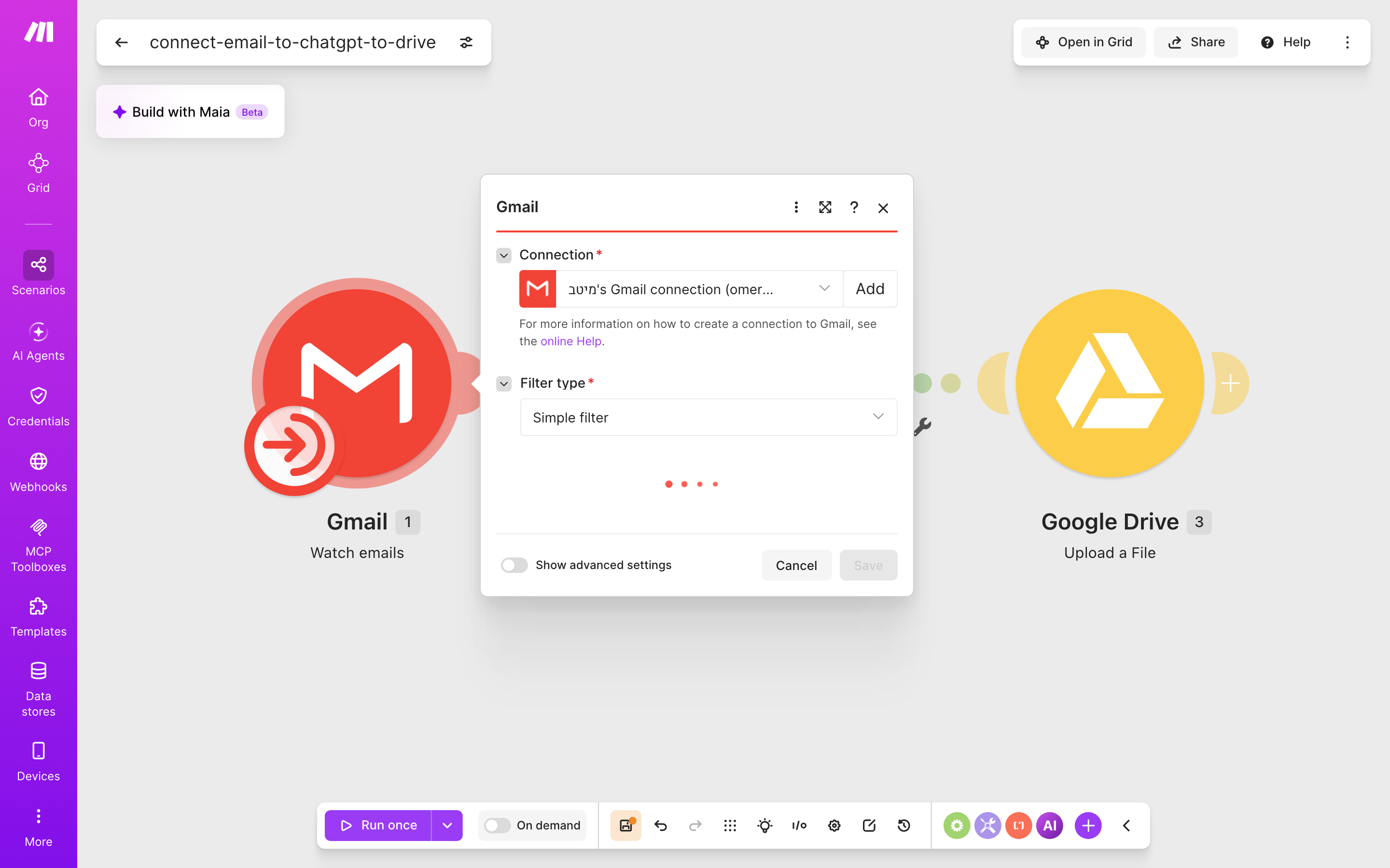 איך מחברים Gmail ל-Google Drive — מייל חדש נכנס → ChatGPT מנסח בעברית → הקובץ נשמר בתיקייה 3 הגדרות המודול Gmail — Watch emails: חיבור: מיטב לימוד עצמי's Google connection · סוג-סינון: Simple filter