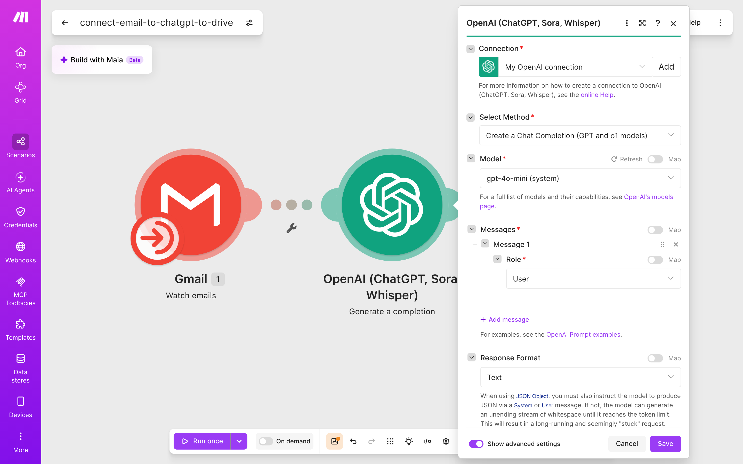 איך מחברים Gmail ל-Google Drive — מייל חדש נכנס → ChatGPT מנסח בעברית → הקובץ נשמר בתיקייה 4 הגדרות המודול OpenAI (ChatGPT, Sora, Whisper) — Generate a completion: חיבור: My OpenAI connection · מודל: gpt-4o-mini · הודעה 1 (Role: User) · פורמט-תשובה: Text