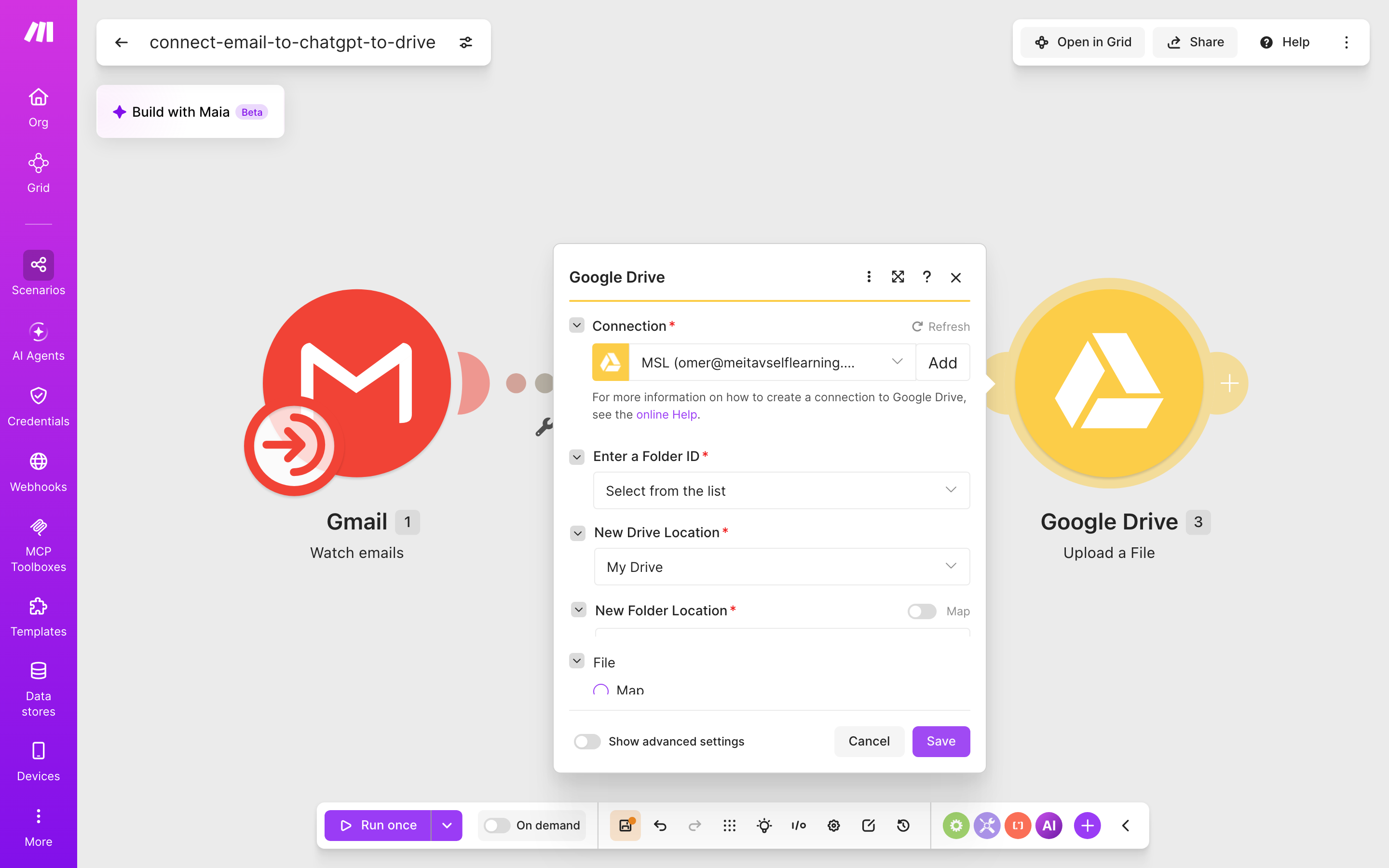 איך מחברים Gmail ל-Google Drive — מייל חדש נכנס → ChatGPT מנסח בעברית → הקובץ נשמר בתיקייה 5 הגדרות המודול Google Drive — Upload a File: חיבור: MSL · יעד: My Drive · שם-הקובץ מהמייל (מיפוי)