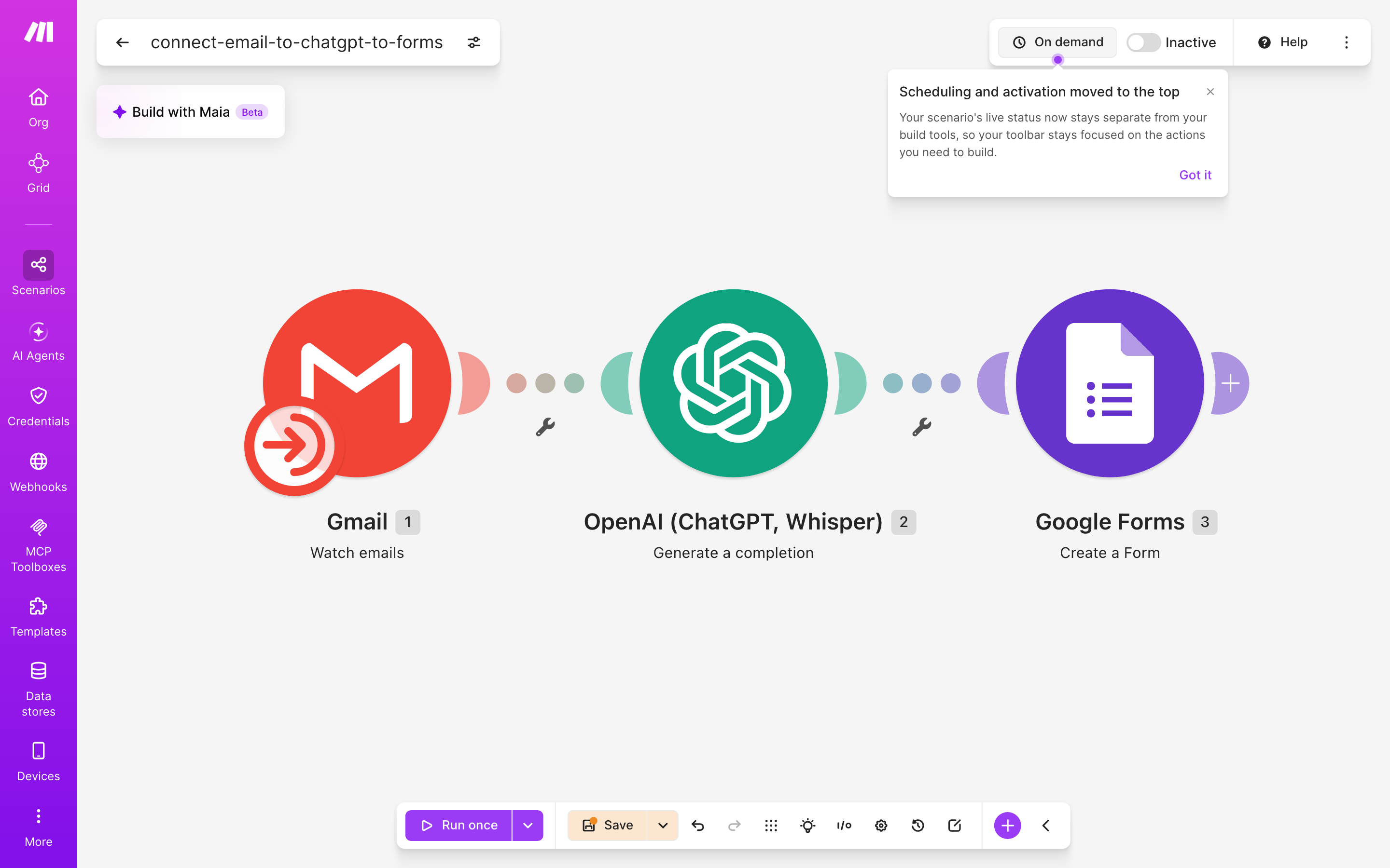 איך מחברים Gmail ל-Google Forms — מייל חדש נכנס → ChatGPT מנסח בעברית → נוצר או עודכן טופס 2 עורך התרחיש — Gmail (Watch emails) → ChatGPT (Generate a completion) → google-forms (Create Form)