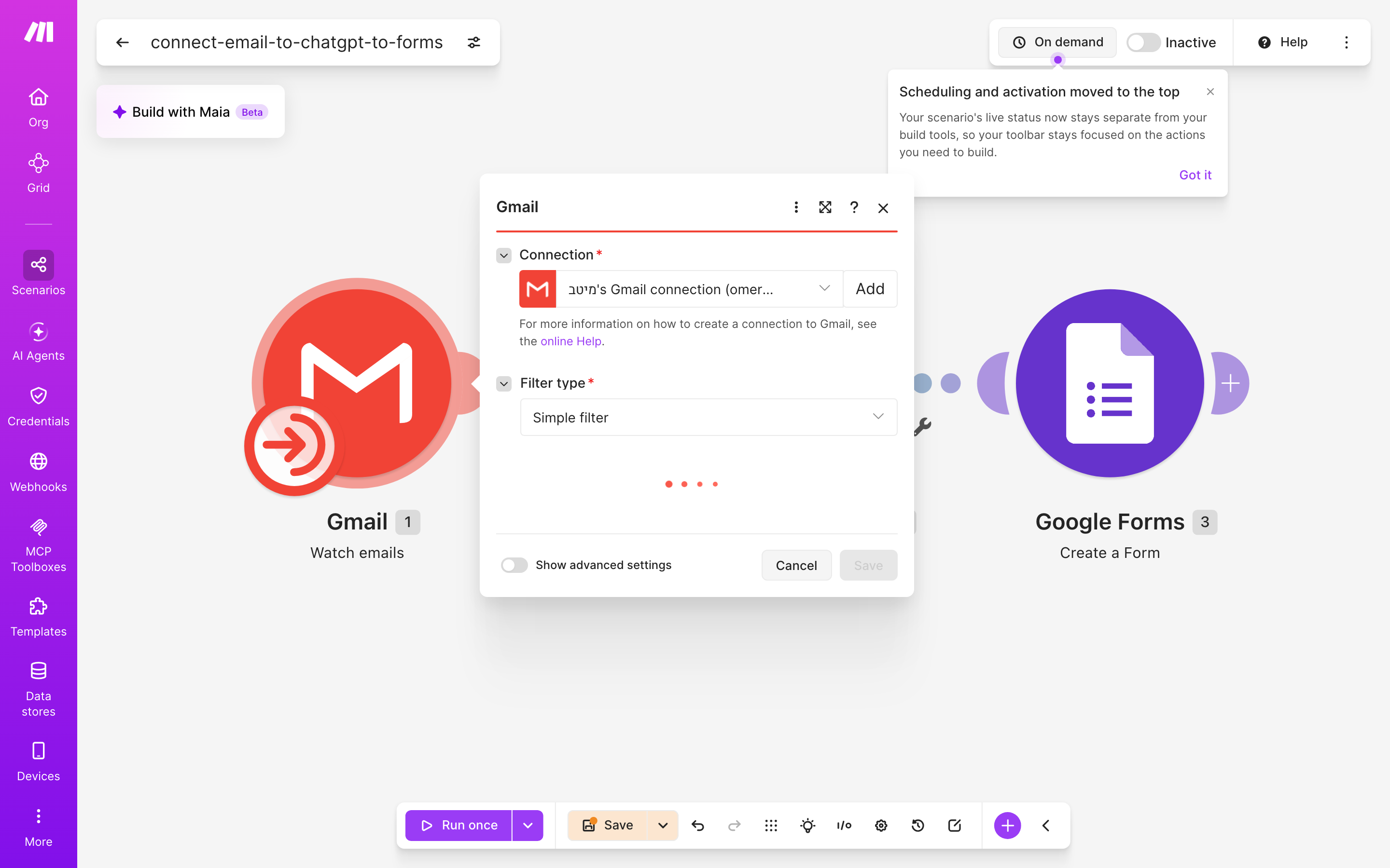 איך מחברים Gmail ל-Google Forms — מייל חדש נכנס → ChatGPT מנסח בעברית → נוצר או עודכן טופס 3 הגדרות המודול Gmail — Watch emails
