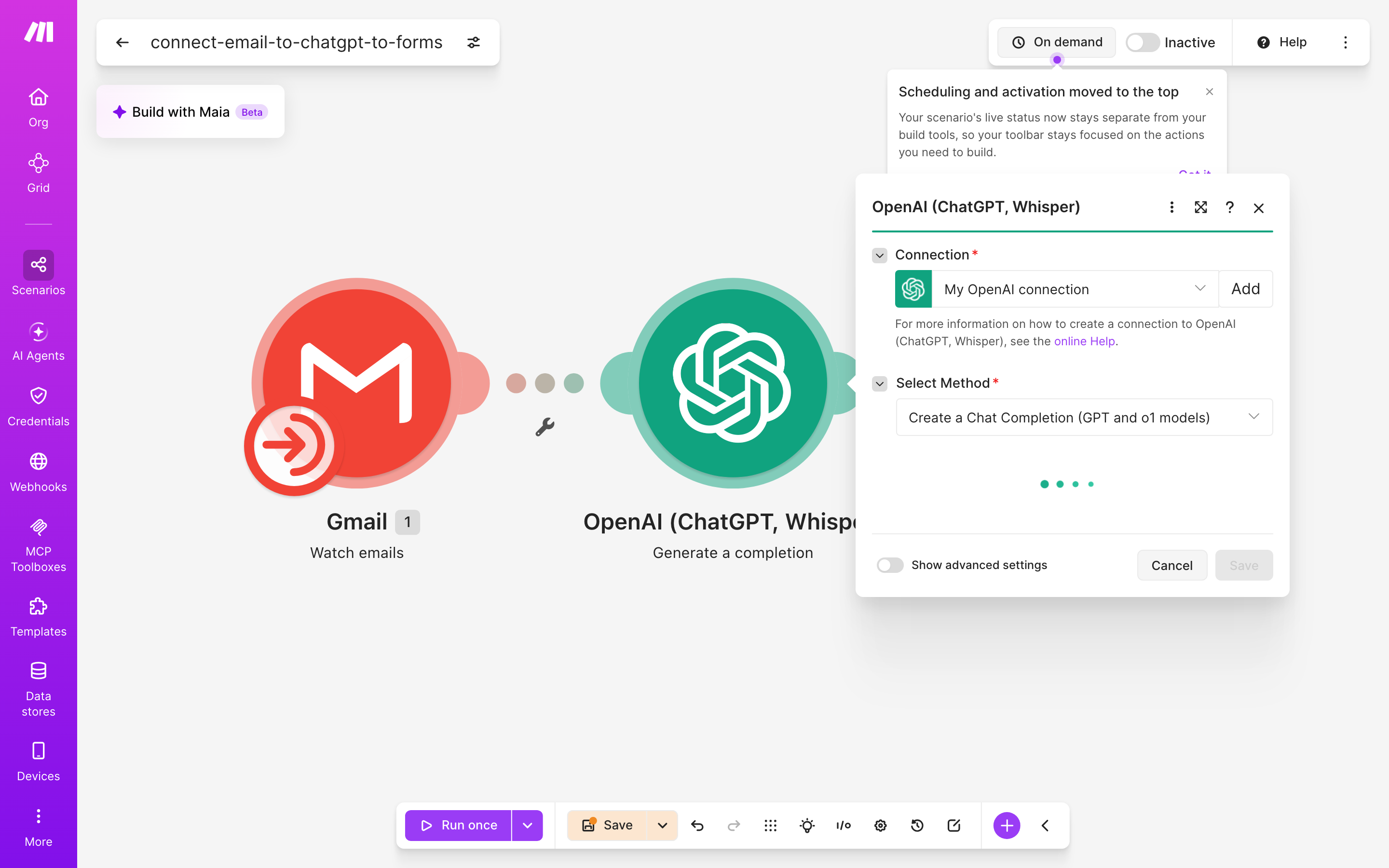 איך מחברים Gmail ל-Google Forms — מייל חדש נכנס → ChatGPT מנסח בעברית → נוצר או עודכן טופס 4 הגדרות המודול ChatGPT — Generate a completion