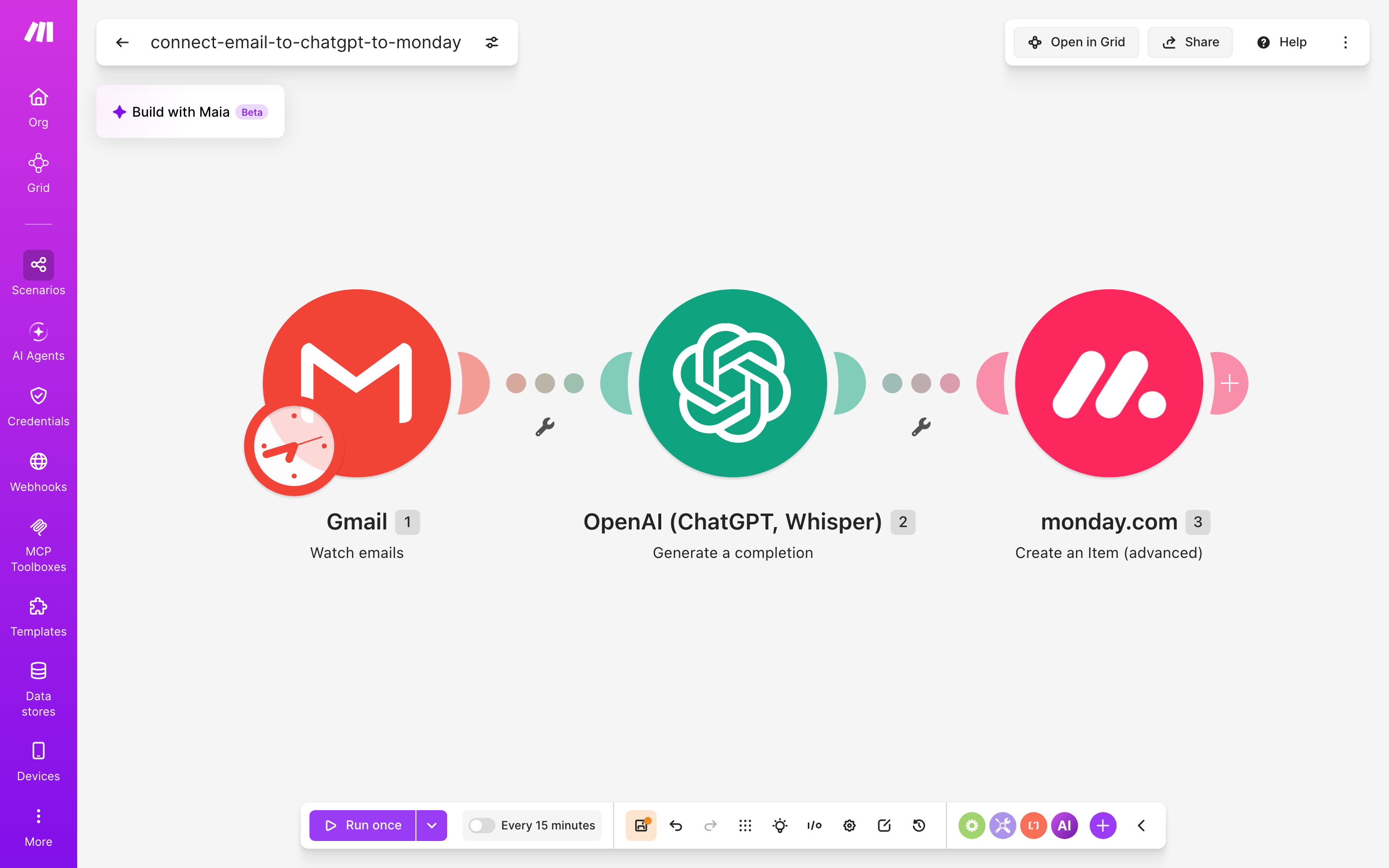 עורך התרחיש — Gmail (Watch emails) → ChatGPT (Generate a completion) → monday.com (Create an Item (advanced))
