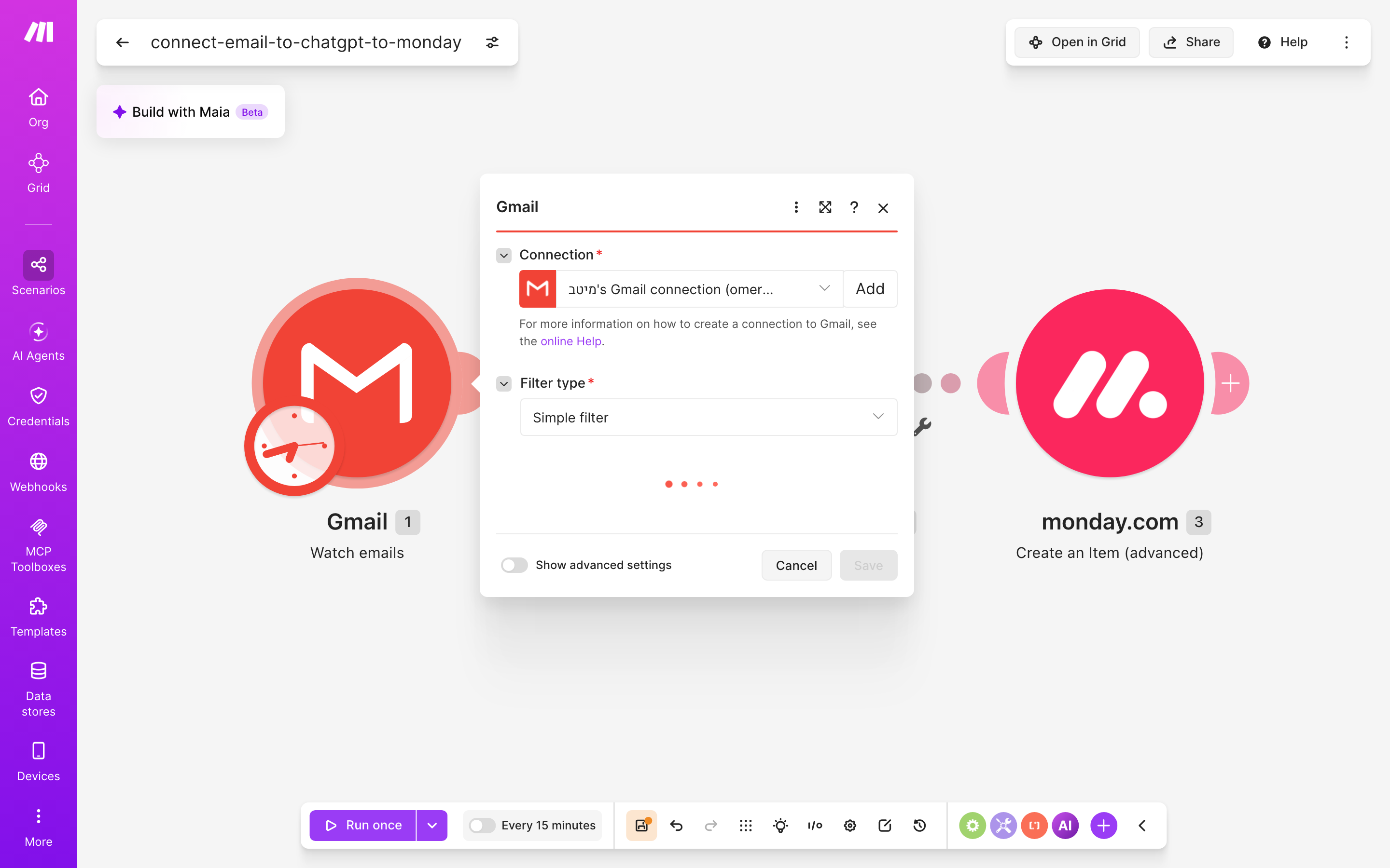 איך מחברים Gmail ל-monday.com — מייל חדש נכנס → ChatGPT מנסח בעברית → נוצר פריט בלוח 3 הגדרות המודול Gmail — Watch emails