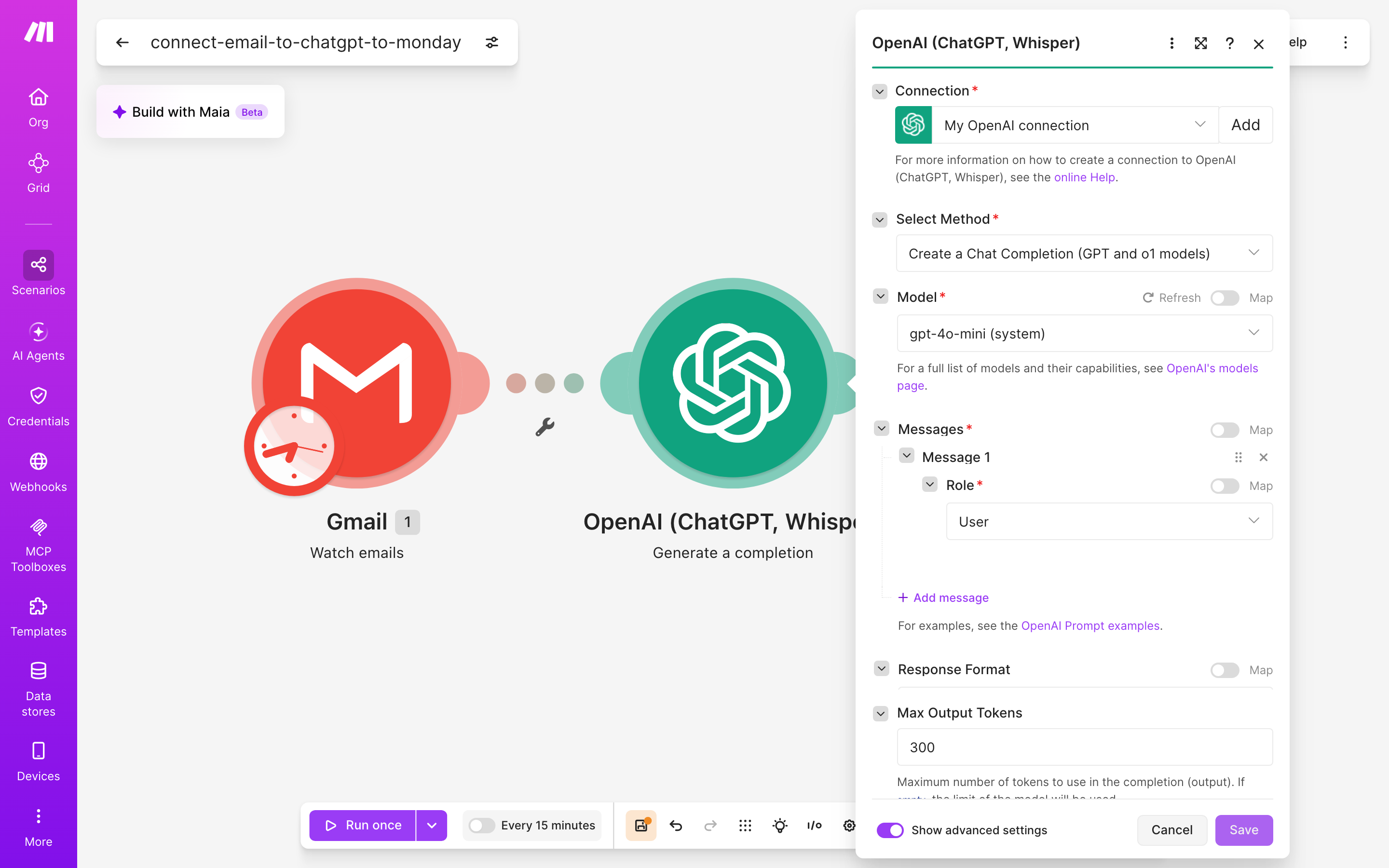 איך מחברים Gmail ל-monday.com — מייל חדש נכנס → ChatGPT מנסח בעברית → נוצר פריט בלוח 4 הגדרות המודול ChatGPT — Generate a completion