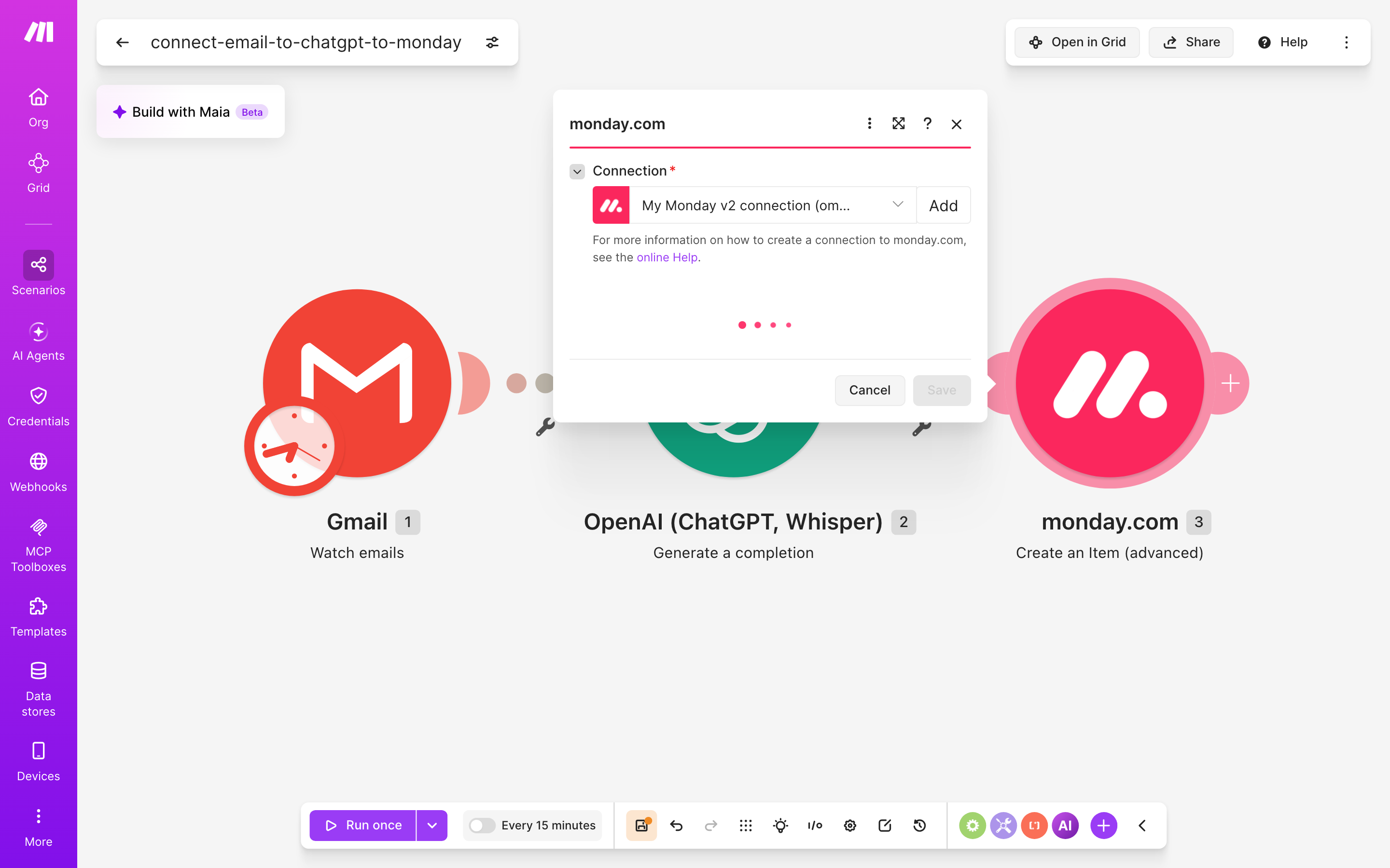 איך מחברים Gmail ל-monday.com — מייל חדש נכנס → ChatGPT מנסח בעברית → נוצר פריט בלוח 5 הגדרות המודול monday.com — Create an Item (advanced)