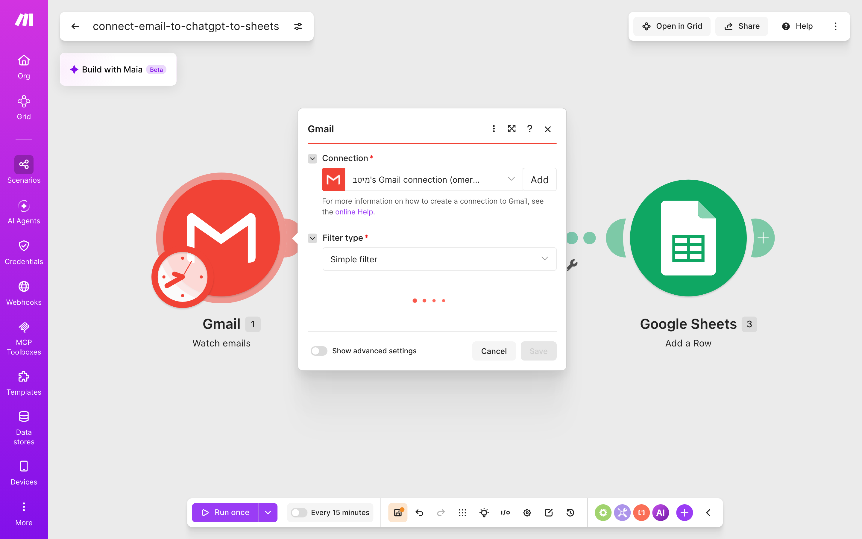 איך מחברים Gmail ל-Google Sheets — מייל חדש נכנס → ChatGPT מנסח בעברית → נרשמת שורה בגיליון 3 הגדרות המודול Gmail — Watch emails