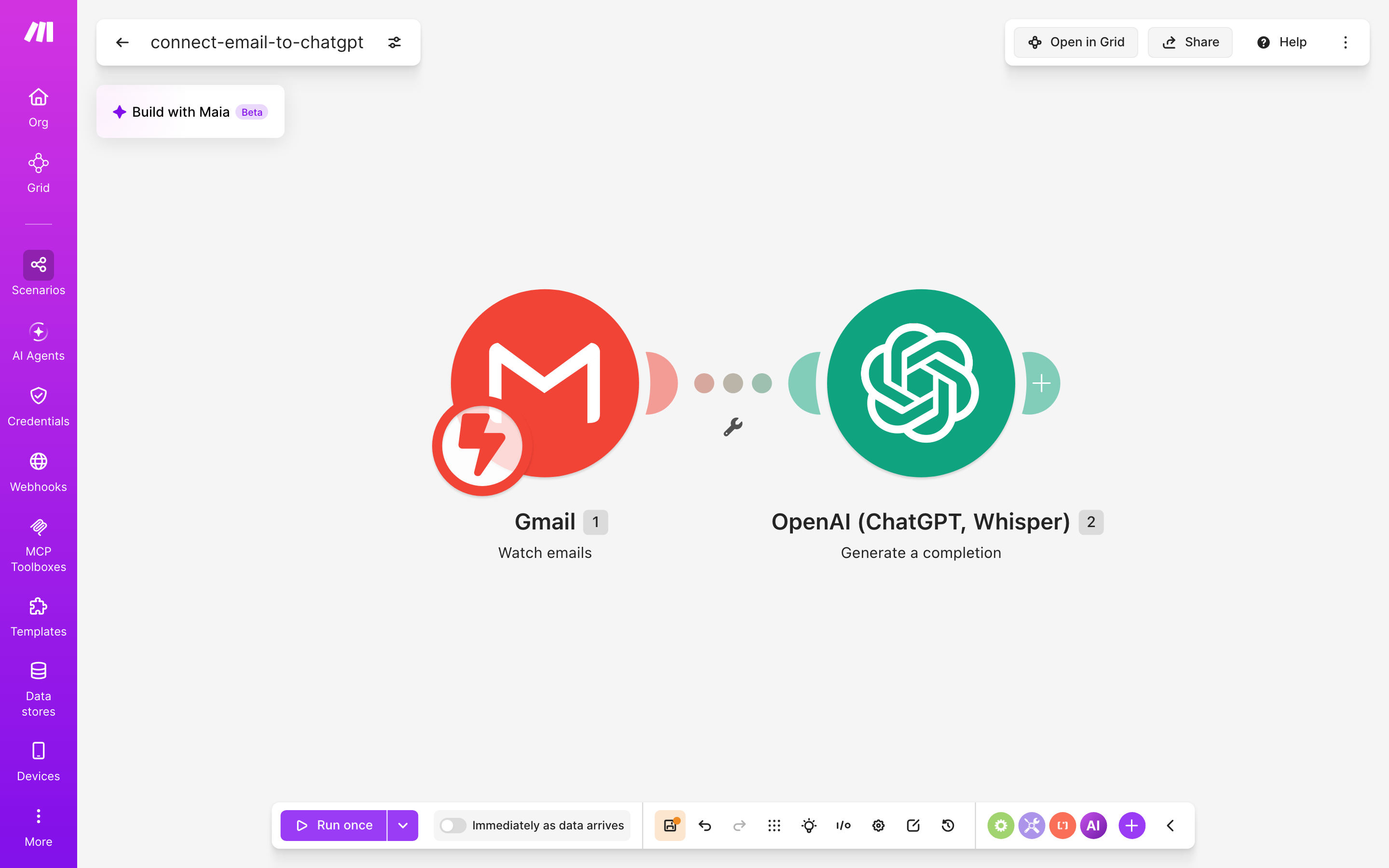 עורך התרחיש — Gmail (Watch emails) → ChatGPT (Generate a completion)