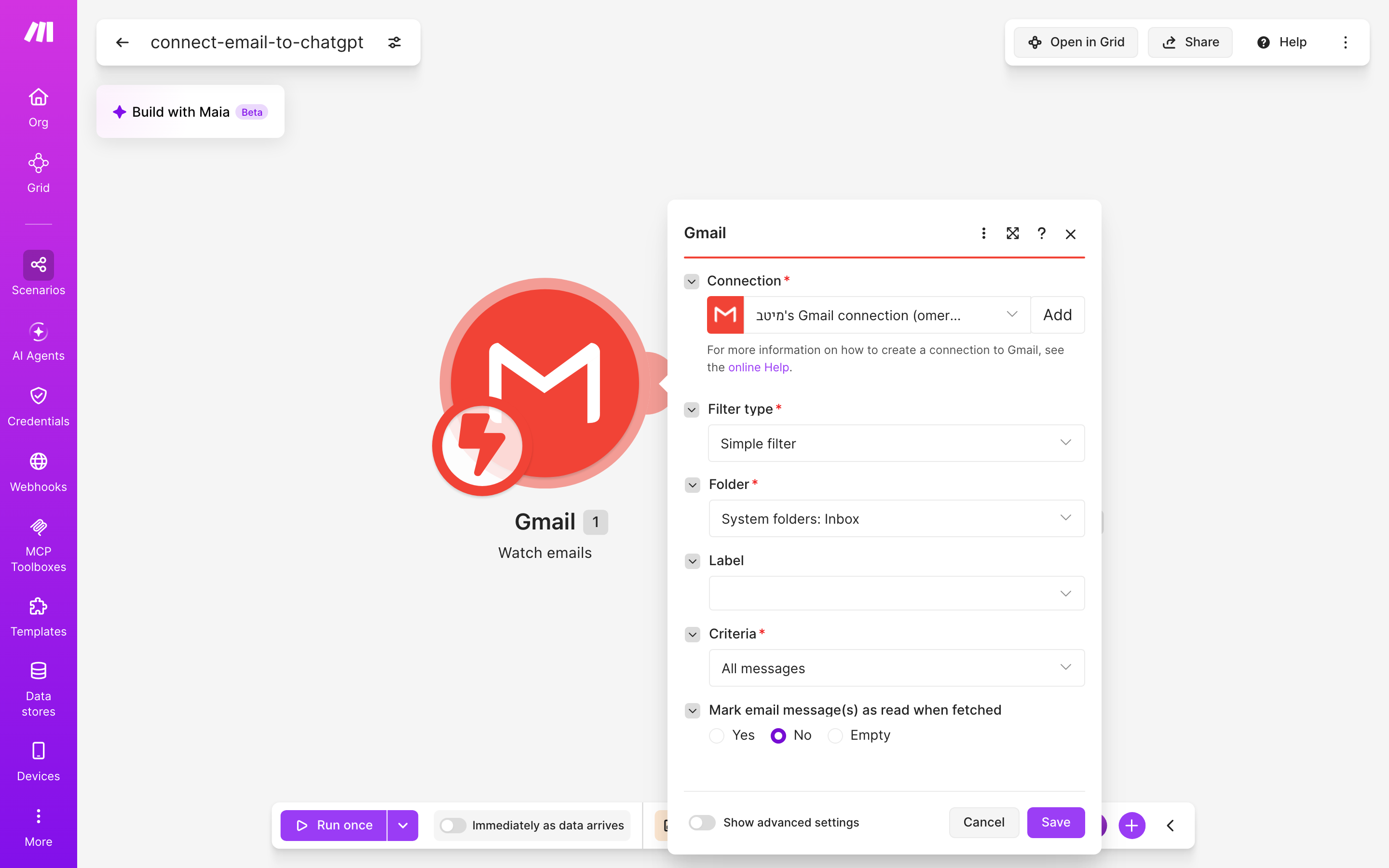 איך מחברים Gmail ל-ChatGPT — מייל חדש נכנס → ChatGPT מסכם ומנסח בעברית 3 הגדרות המודול Gmail — Watch emails
