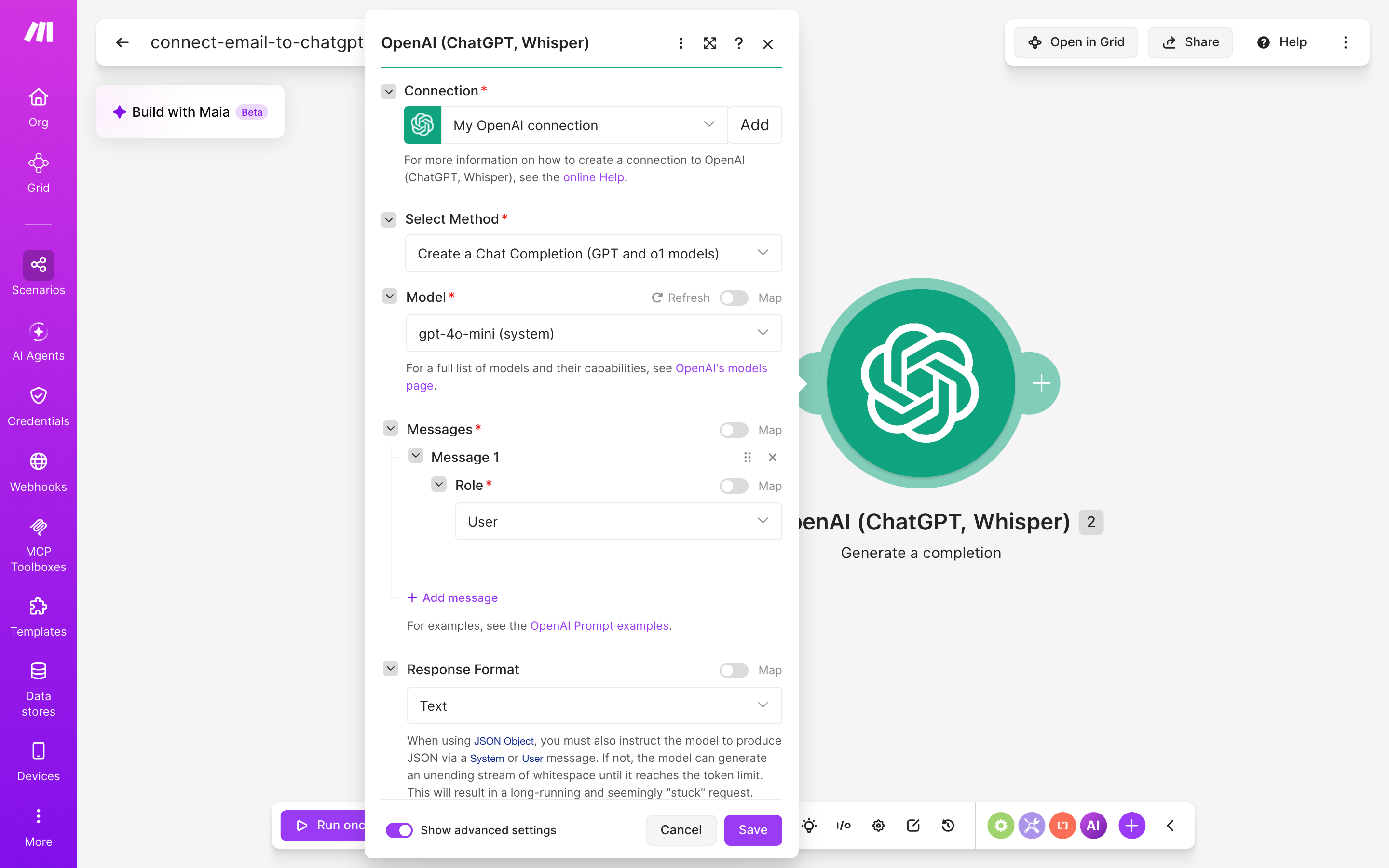 איך מחברים Gmail ל-ChatGPT — מייל חדש נכנס → ChatGPT מסכם ומנסח בעברית 4 הגדרות המודול ChatGPT — Generate a completion