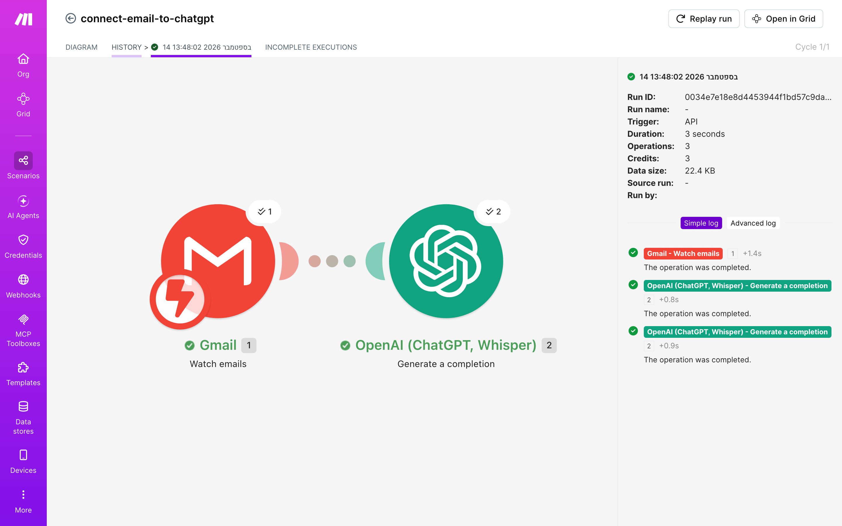 איך מחברים Gmail ל-ChatGPT — מייל חדש נכנס → ChatGPT מסכם ומנסח בעברית 5 היסטוריית-הריצות: ריצה ירוקה, 3 פעולות, 14.9.2026