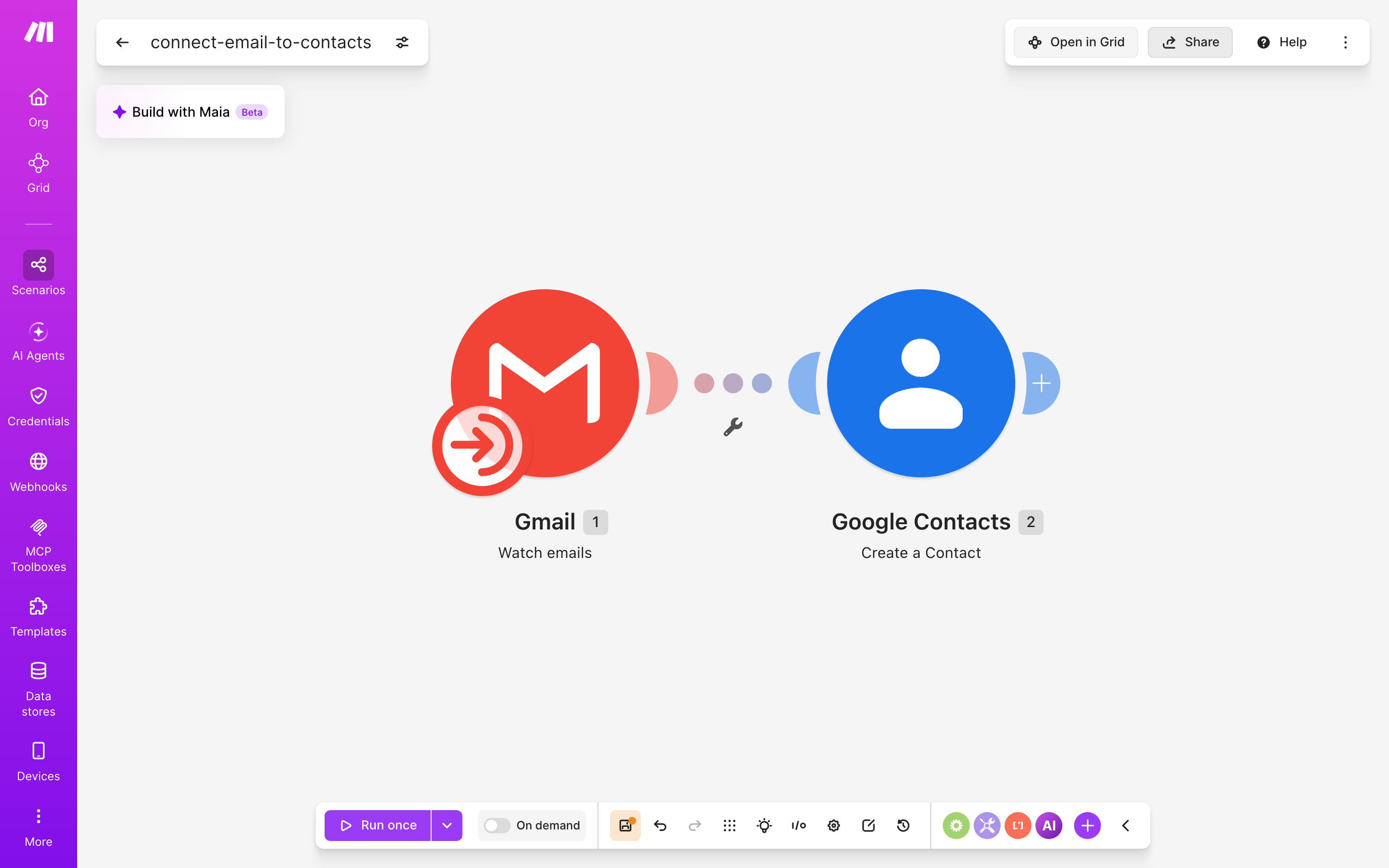 איך מחברים Gmail ל-contacts — מייל חדש נכנס → נוצר איש-קשר 2 עורך התרחיש — Gmail (Watch emails) → Google Contacts (Create a Contact)