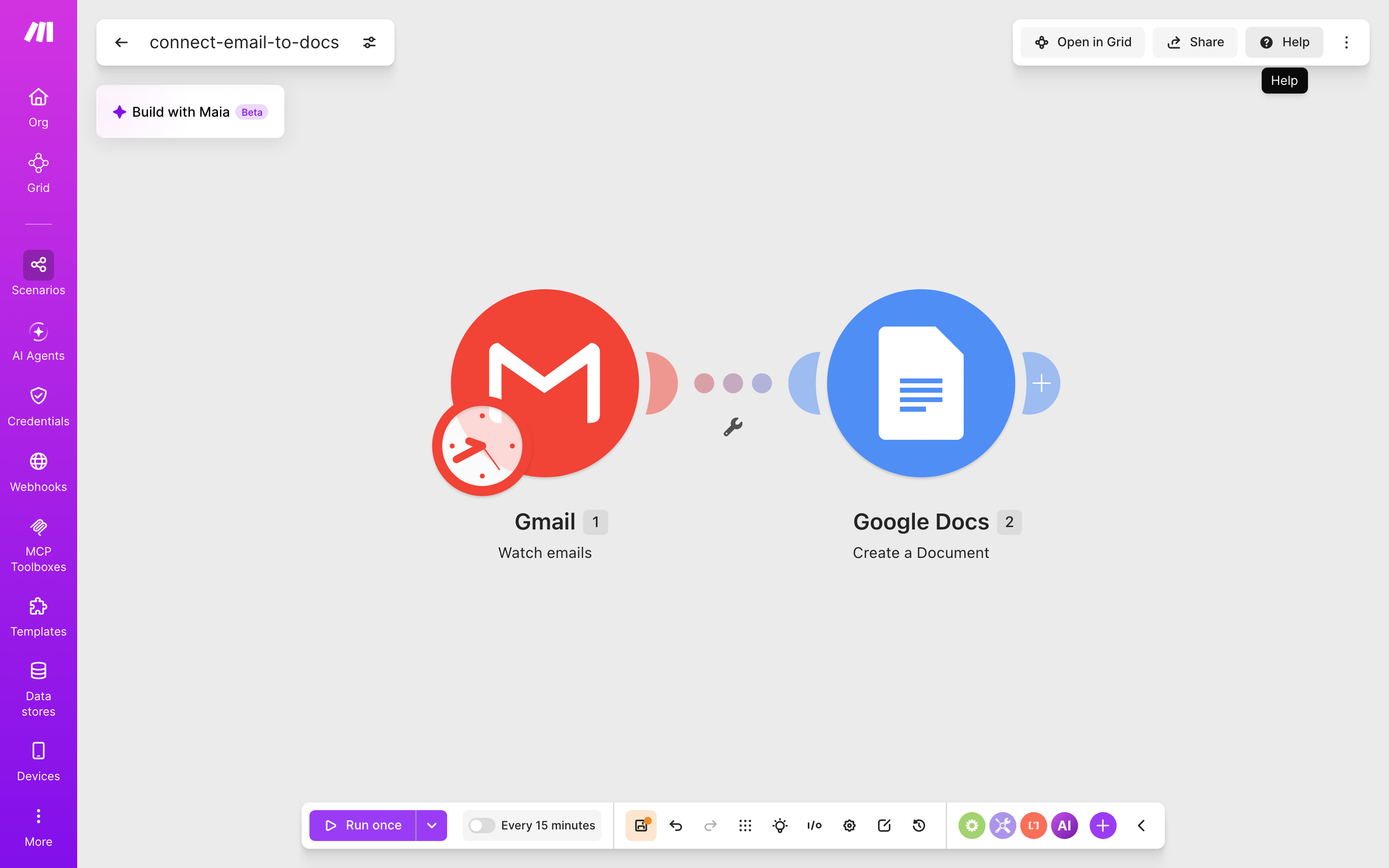 עורך התרחיש — Gmail (Watch emails) → Google Docs (Create a Document)