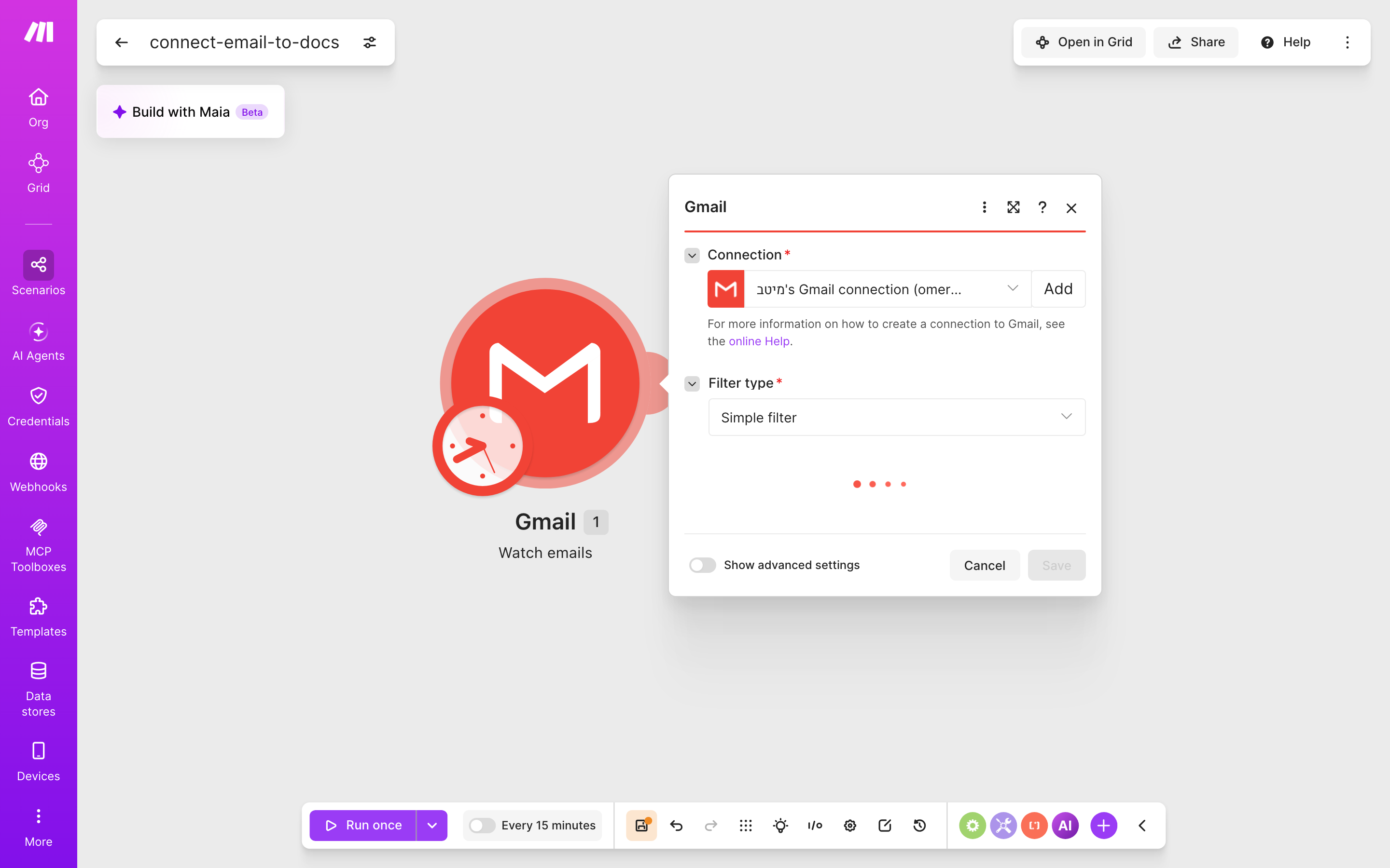 איך מחברים Gmail ל-Google Docs — מייל חדש נכנס → נוצר מסמך מוכן 3 הגדרות המודול Gmail — Watch emails