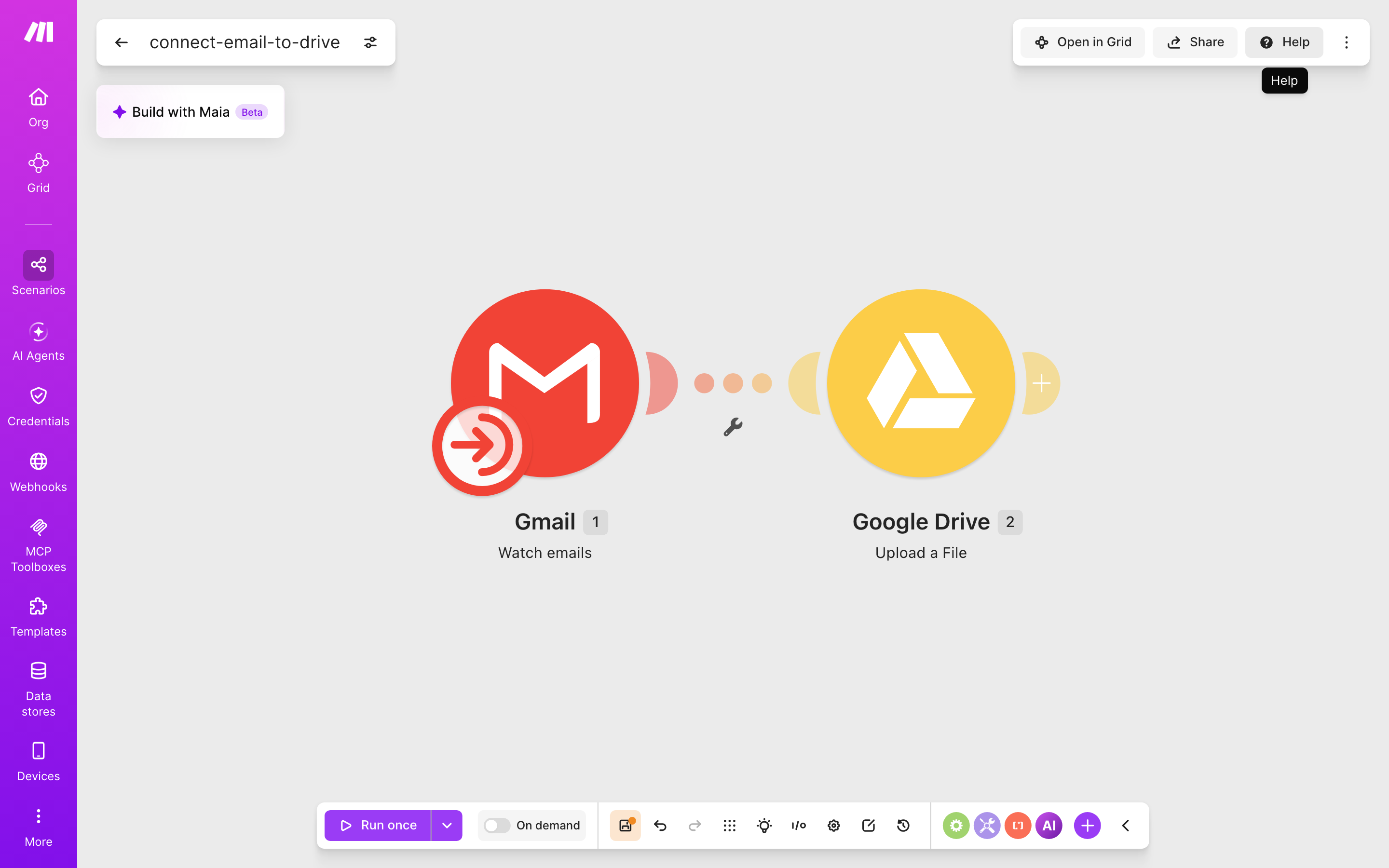 איך מחברים Gmail ל-Google Drive — מייל חדש נכנס → הקובץ נשמר בתיקייה 2 עורך התרחיש — Gmail (Watch emails) → Google Drive (Upload a File)
