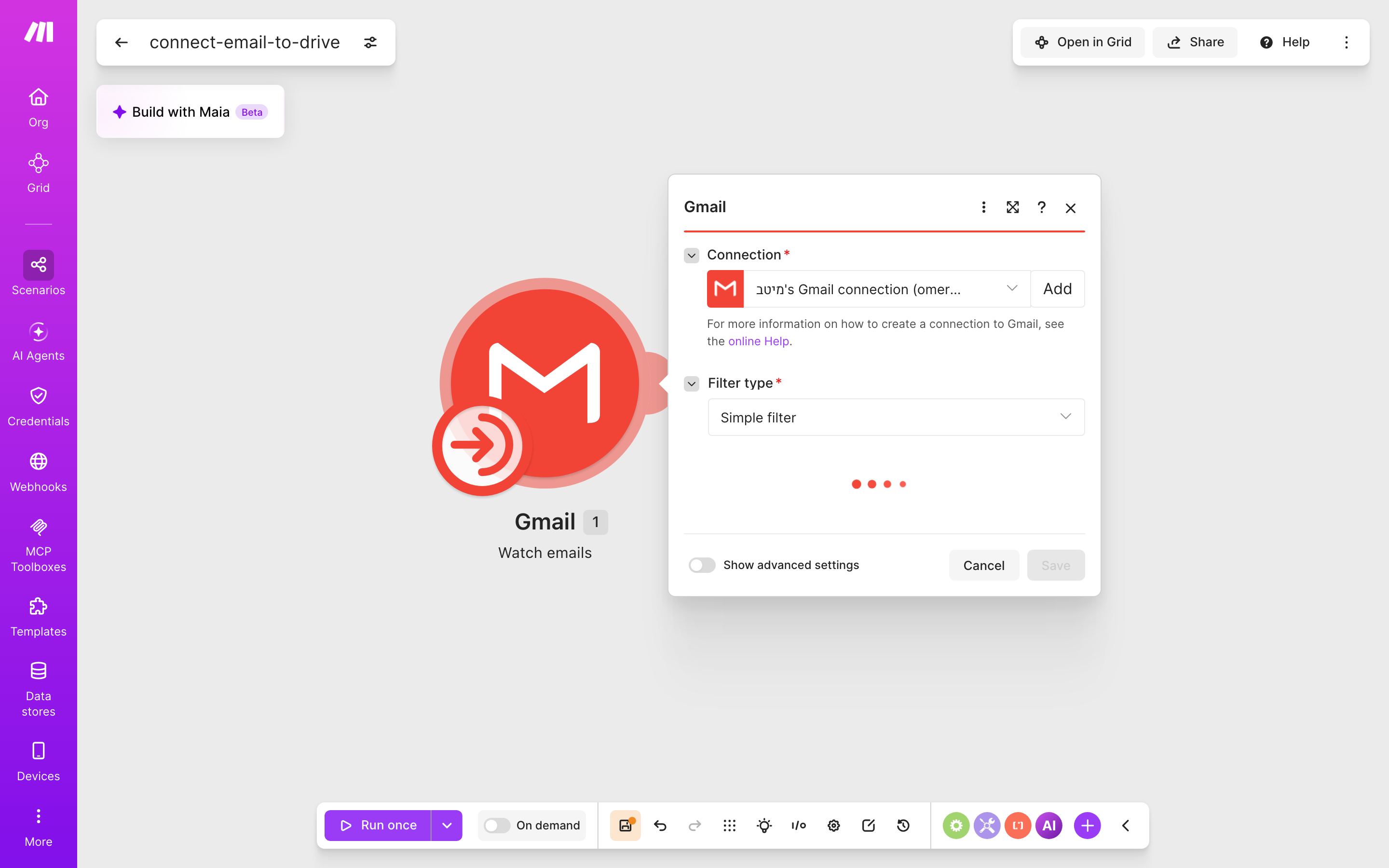 איך מחברים Gmail ל-Google Drive — מייל חדש נכנס → הקובץ נשמר בתיקייה 3 הגדרות המודול Gmail — Watch emails: חיבור: מיטב לימוד עצמי's Google connection · סוג-סינון: Simple filter
