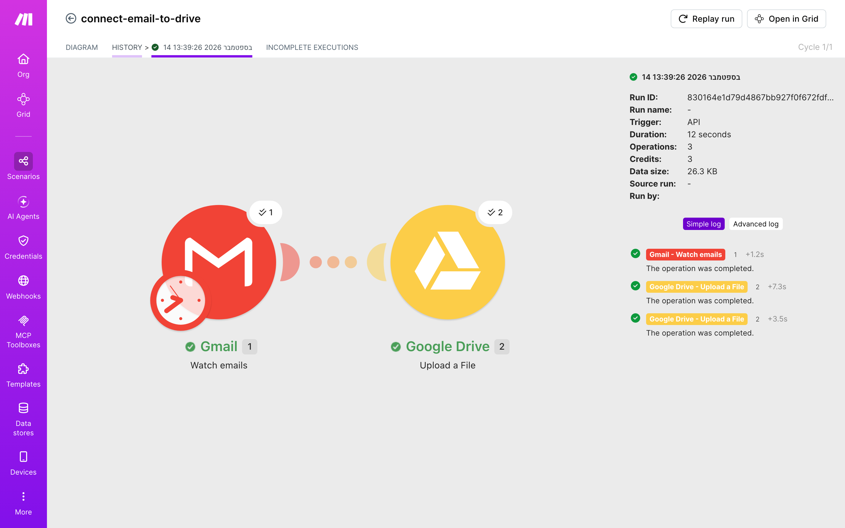 איך מחברים Gmail ל-Google Drive — מייל חדש נכנס → הקובץ נשמר בתיקייה 5 היסטוריית-הריצות: ריצה ירוקה, 3 פעולות, 14.9.2026