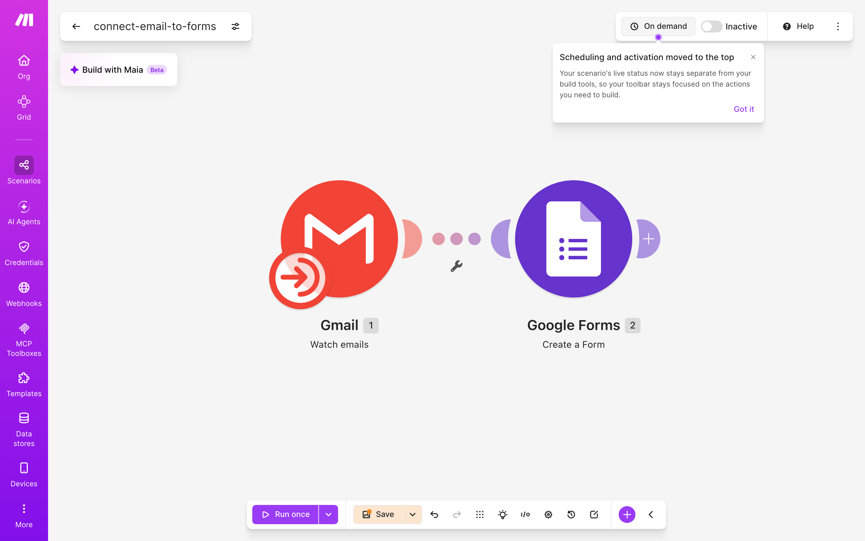 איך מחברים Gmail ל-Google Forms — מייל חדש נכנס → נוצר או עודכן טופס 2 עורך התרחיש — Gmail (Watch emails) → google-forms (Create Form)