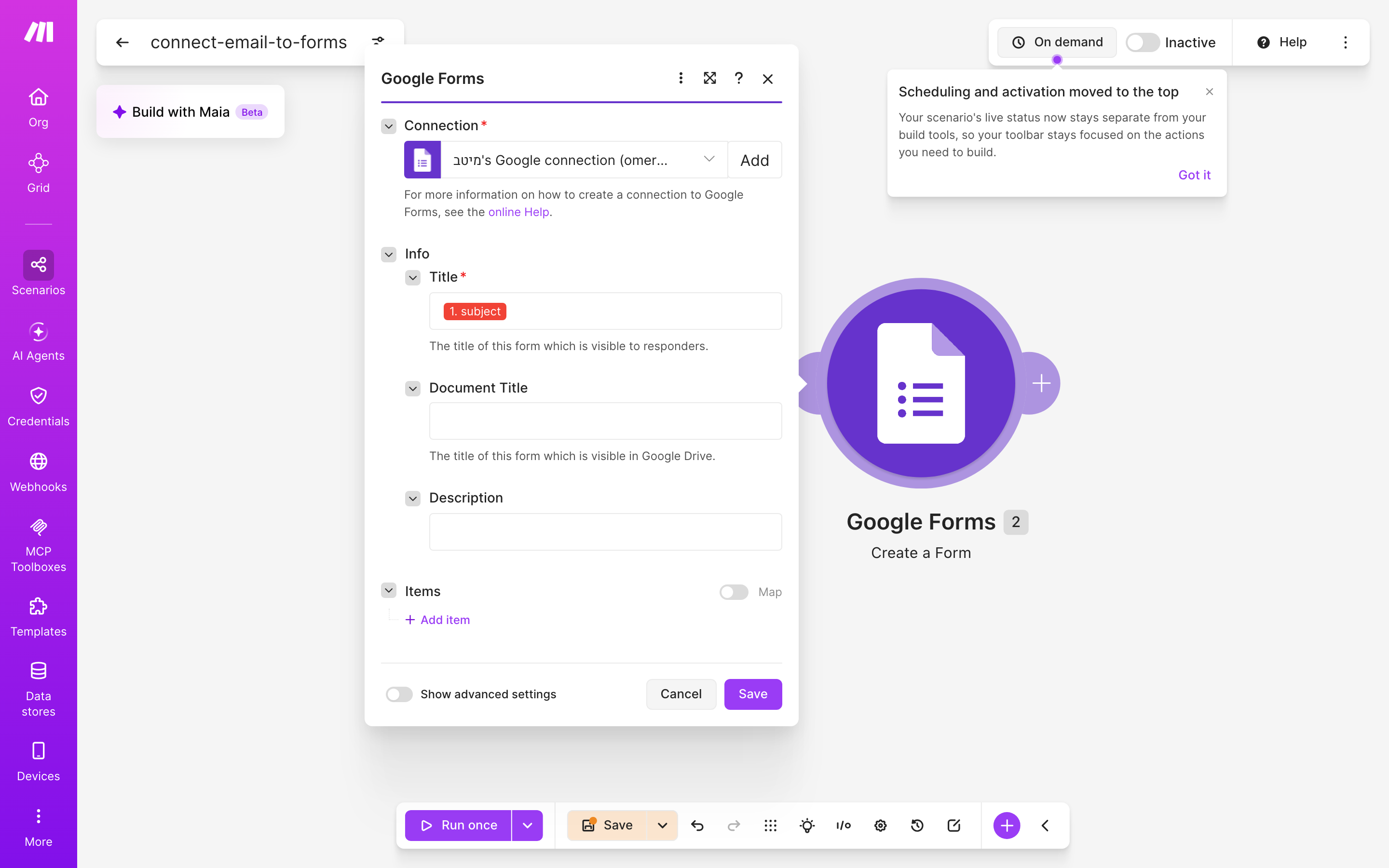 איך מחברים Gmail ל-Google Forms — מייל חדש נכנס → נוצר או עודכן טופס 4 הגדרות המודול google-forms — Create Form
