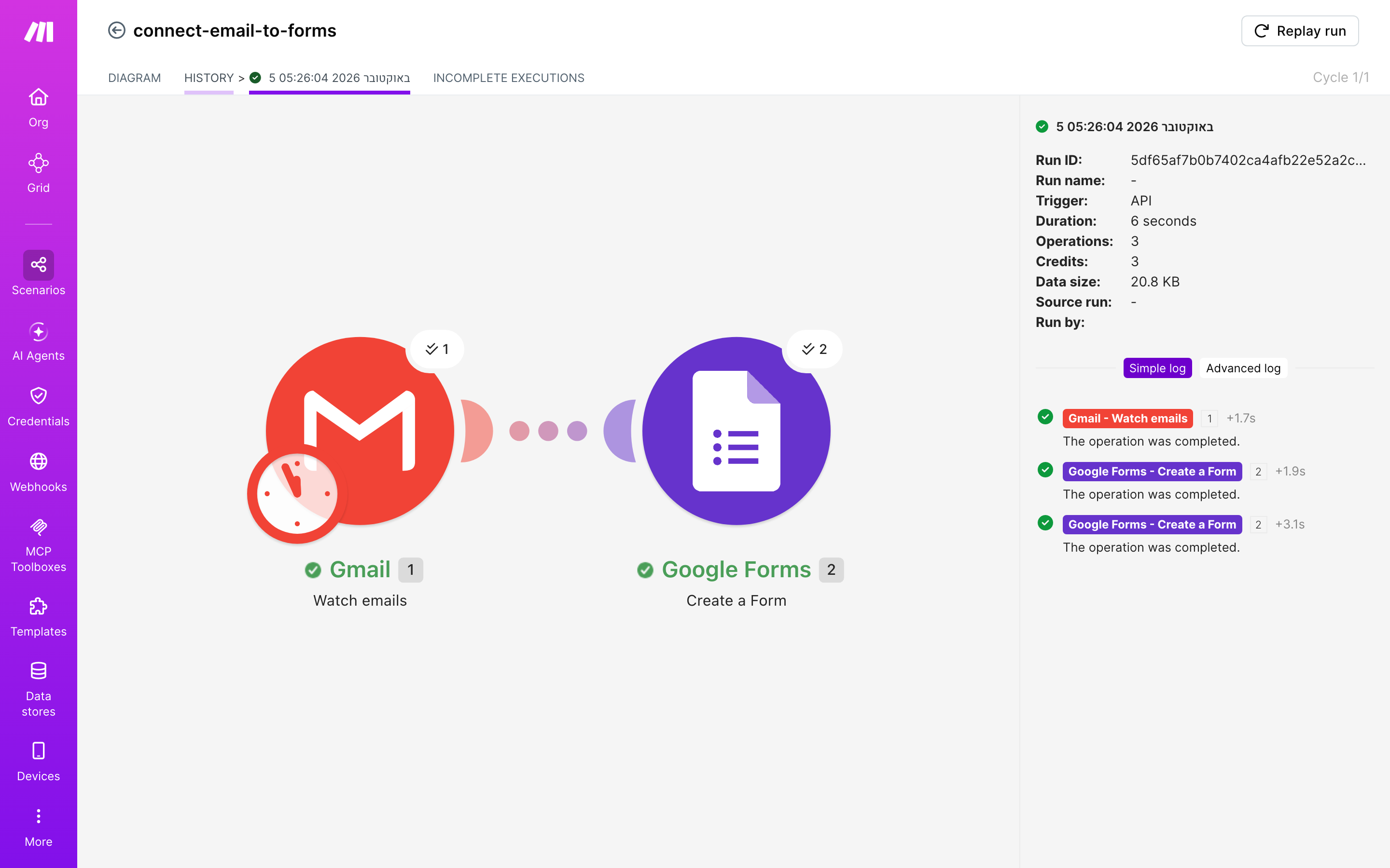 איך מחברים Gmail ל-Google Forms — מייל חדש נכנס → נוצר או עודכן טופס 5 היסטוריית-הריצות: ריצה ירוקה, 3 פעולות, 5.10.2026