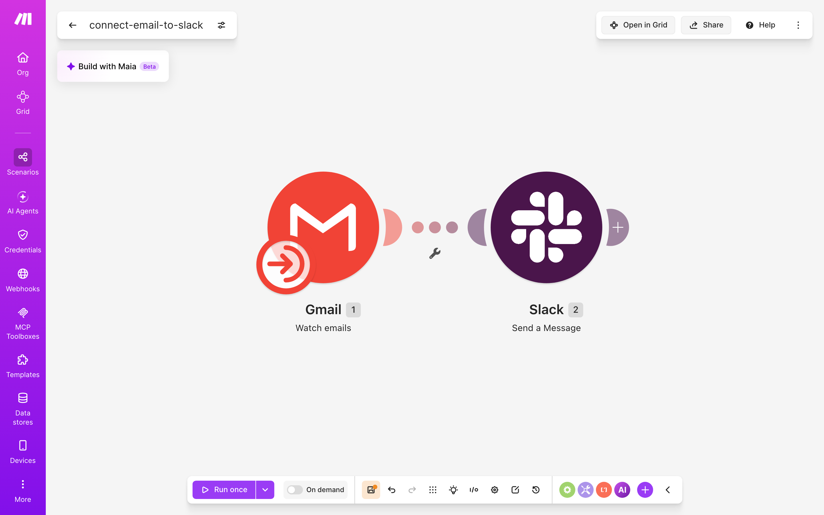 עורך התרחיש — Gmail (Watch emails) → slack (Create Message)