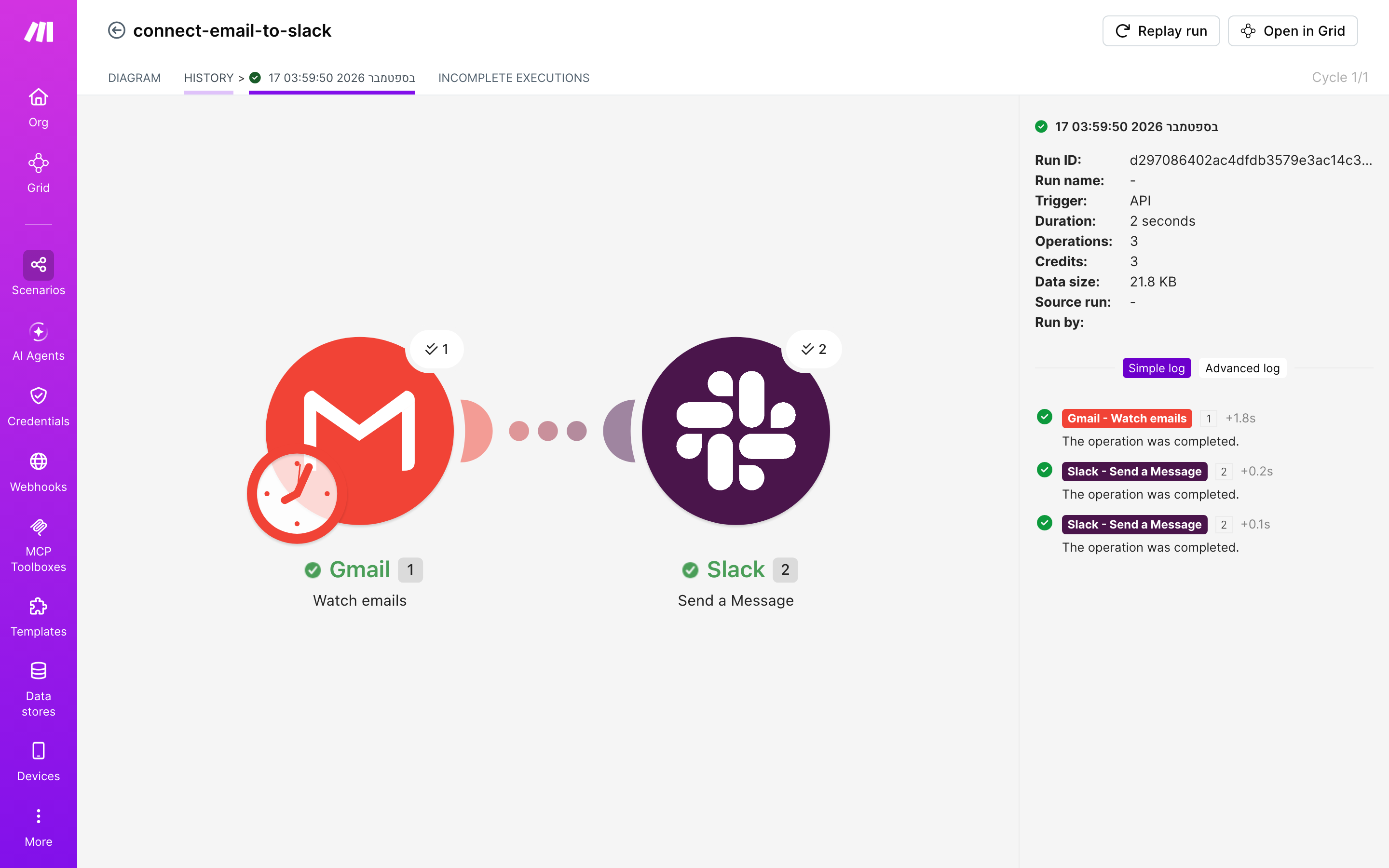 איך מחברים Gmail ל-Slack — מייל חדש נכנס → נשלחה הודעה בערוץ 5 היסטוריית-הריצות: ריצה ירוקה, 3 פעולות, 17.9.2026