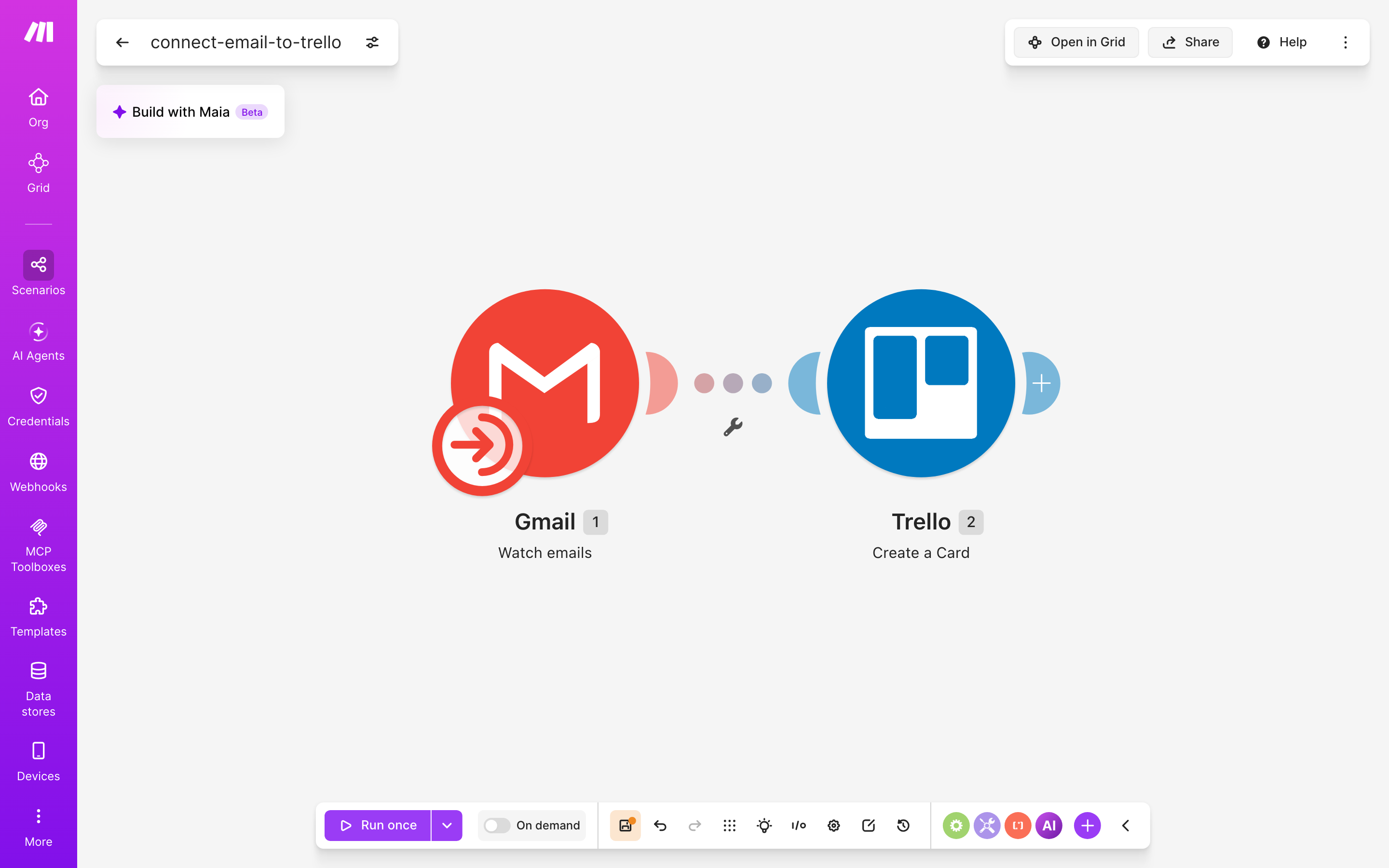 איך מחברים Gmail ל-Trello — מייל חדש נכנס → נוצר כרטיס בלוח 2 עורך התרחיש — Gmail (Watch emails) → Trello (Create a Card)
