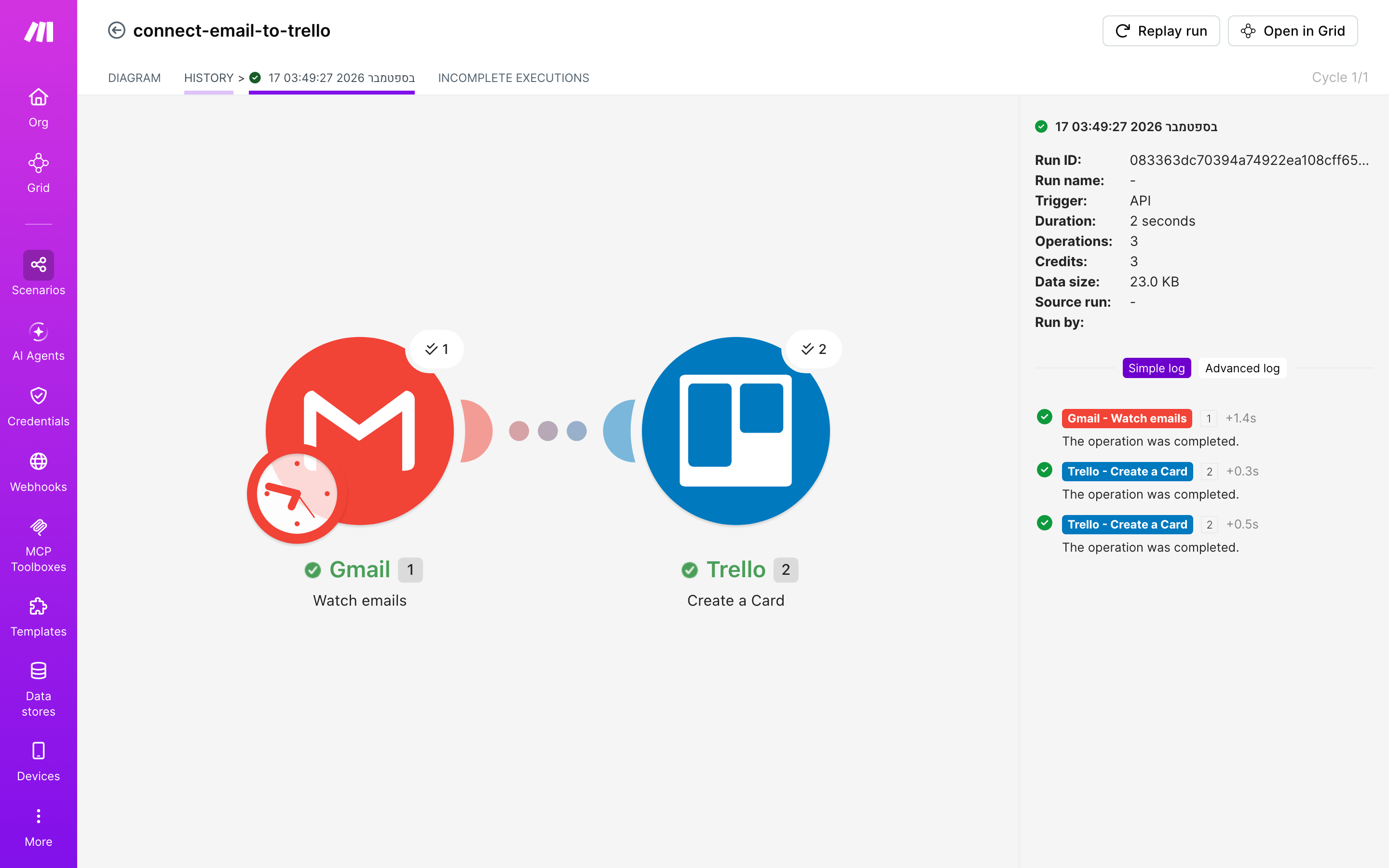 איך מחברים Gmail ל-Trello — מייל חדש נכנס → נוצר כרטיס בלוח 5 היסטוריית-הריצות: ריצה ירוקה, 3 פעולות, 17.9.2026