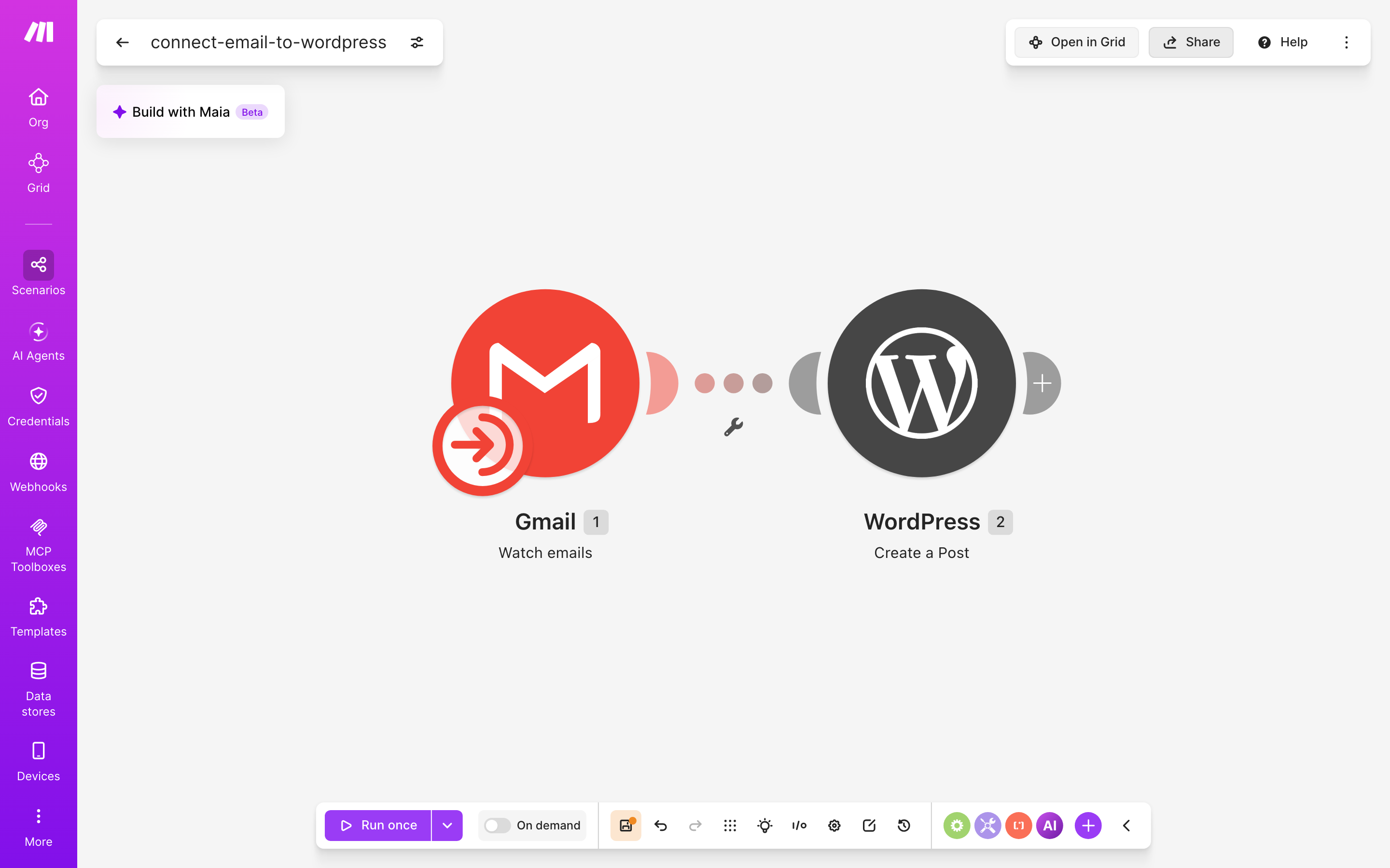 איך מחברים Gmail ל-WordPress — מייל חדש נכנס → נוצר פוסט באתר 2 עורך התרחיש — Gmail (Watch emails) → WordPress (Create a Post)