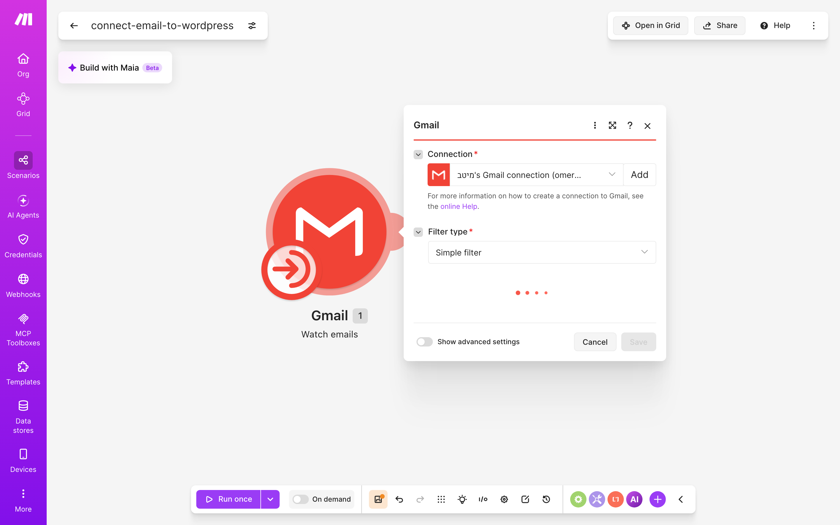 איך מחברים Gmail ל-WordPress — מייל חדש נכנס → נוצר פוסט באתר 3 הגדרות המודול Gmail — Watch emails