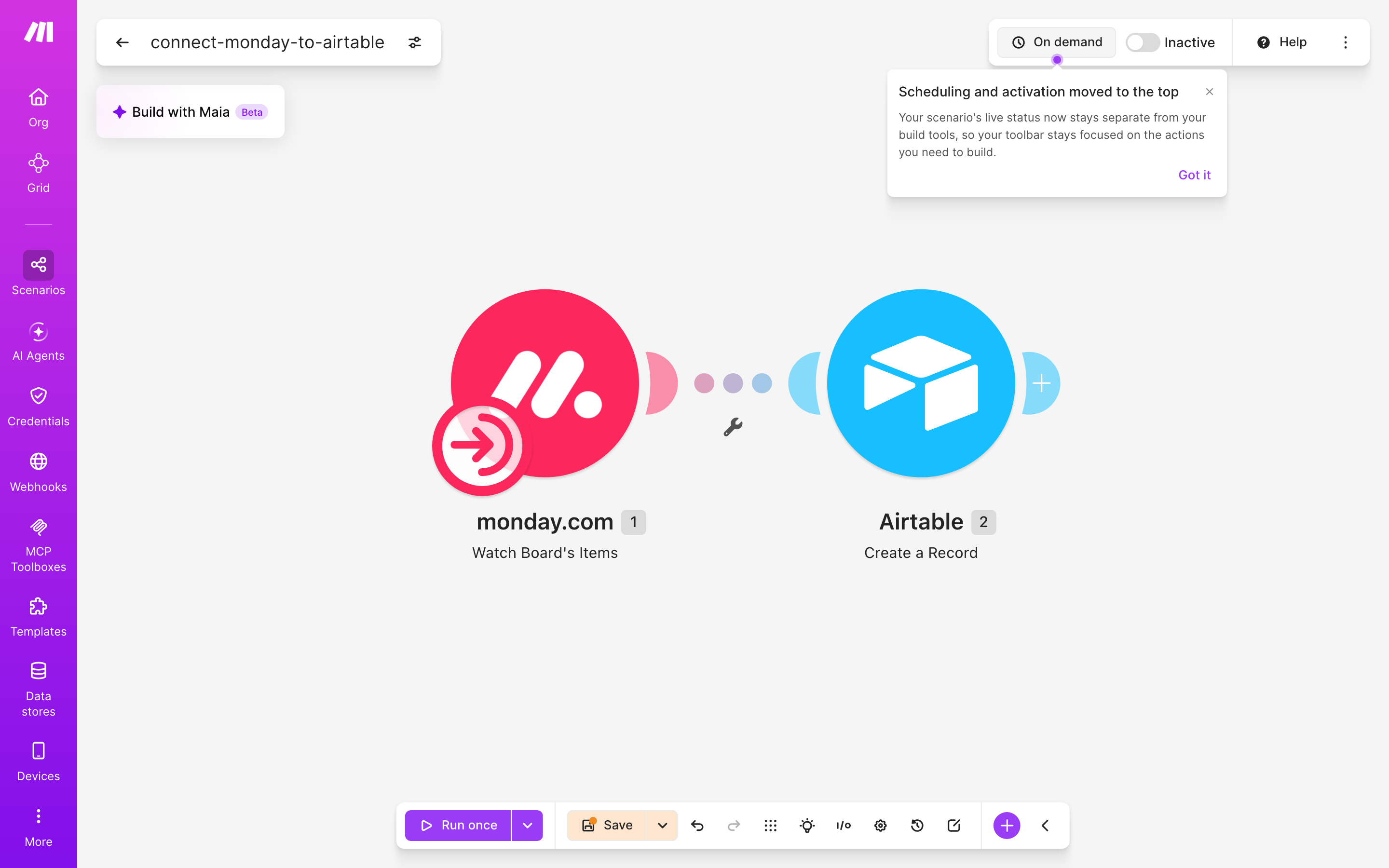איך מחברים monday.com ל-Airtable — פריט חדש בלוח → נוצרה רשומה 2 עורך התרחיש — monday.com (Watch Board's Items) → airtable (Action Create Record)