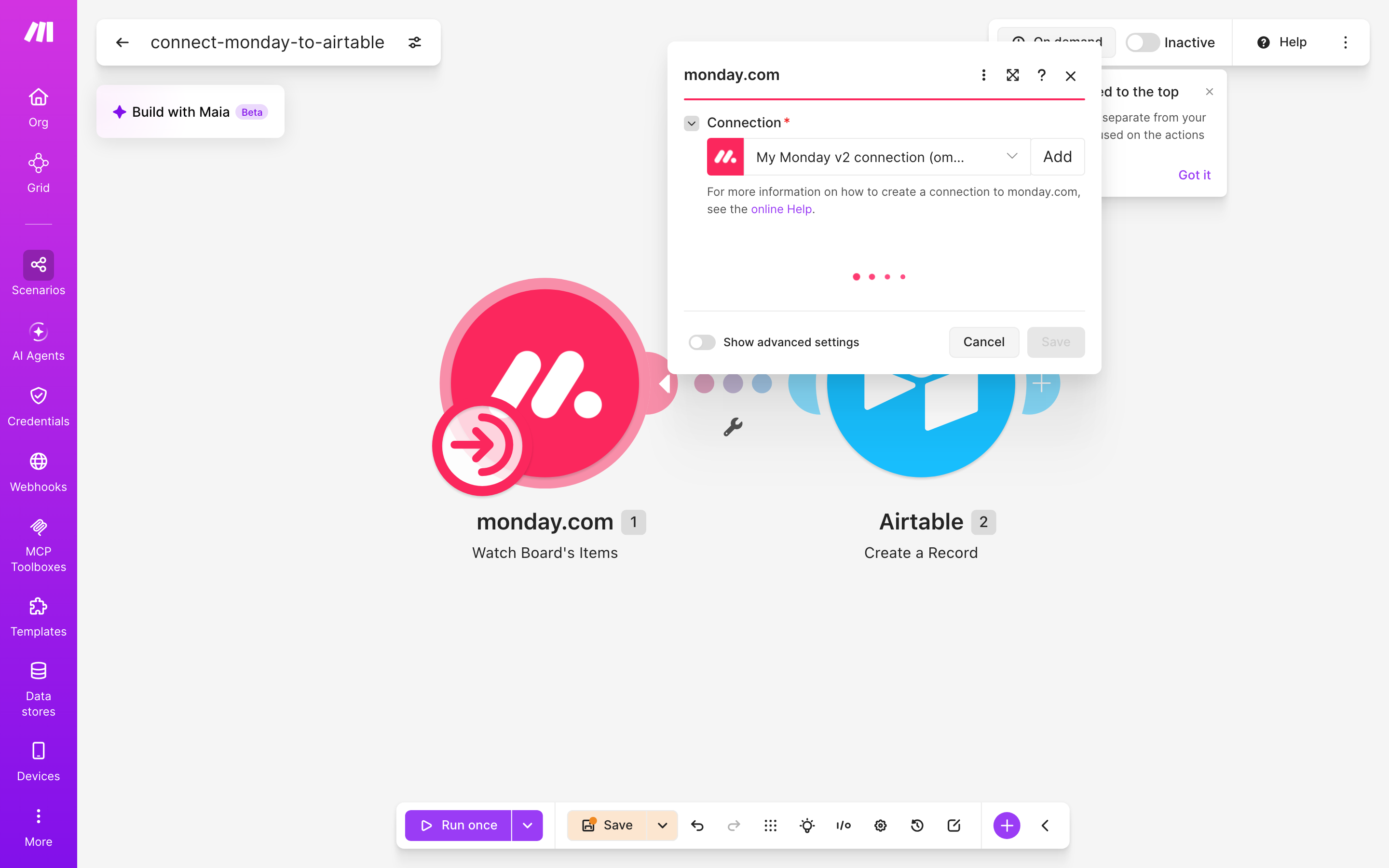 איך מחברים monday.com ל-Airtable — פריט חדש בלוח → נוצרה רשומה 3 הגדרות המודול monday.com — Watch Board's Items