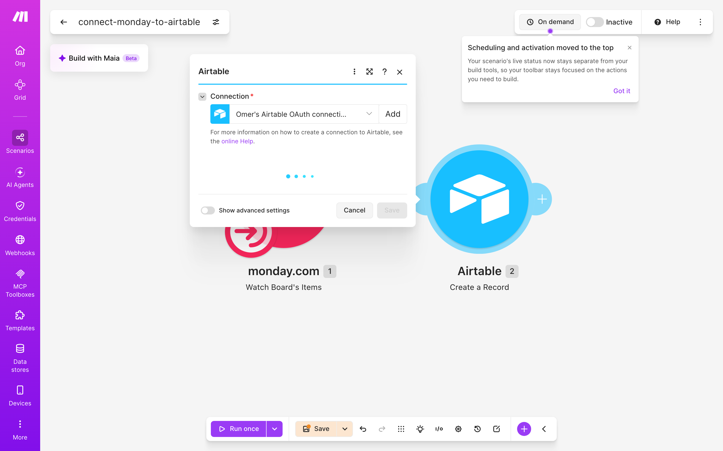 איך מחברים monday.com ל-Airtable — פריט חדש בלוח → נוצרה רשומה 4 הגדרות המודול airtable — Action Create Record