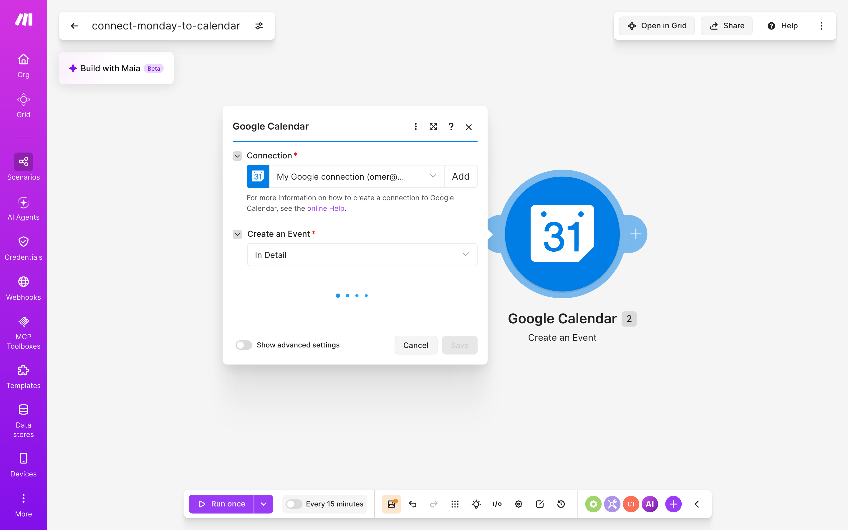 איך מחברים monday.com ל-Google Calendar — פריט חדש בלוח → נוצר אירוע ביומן 4 הגדרות המודול Google Calendar — Create an Event