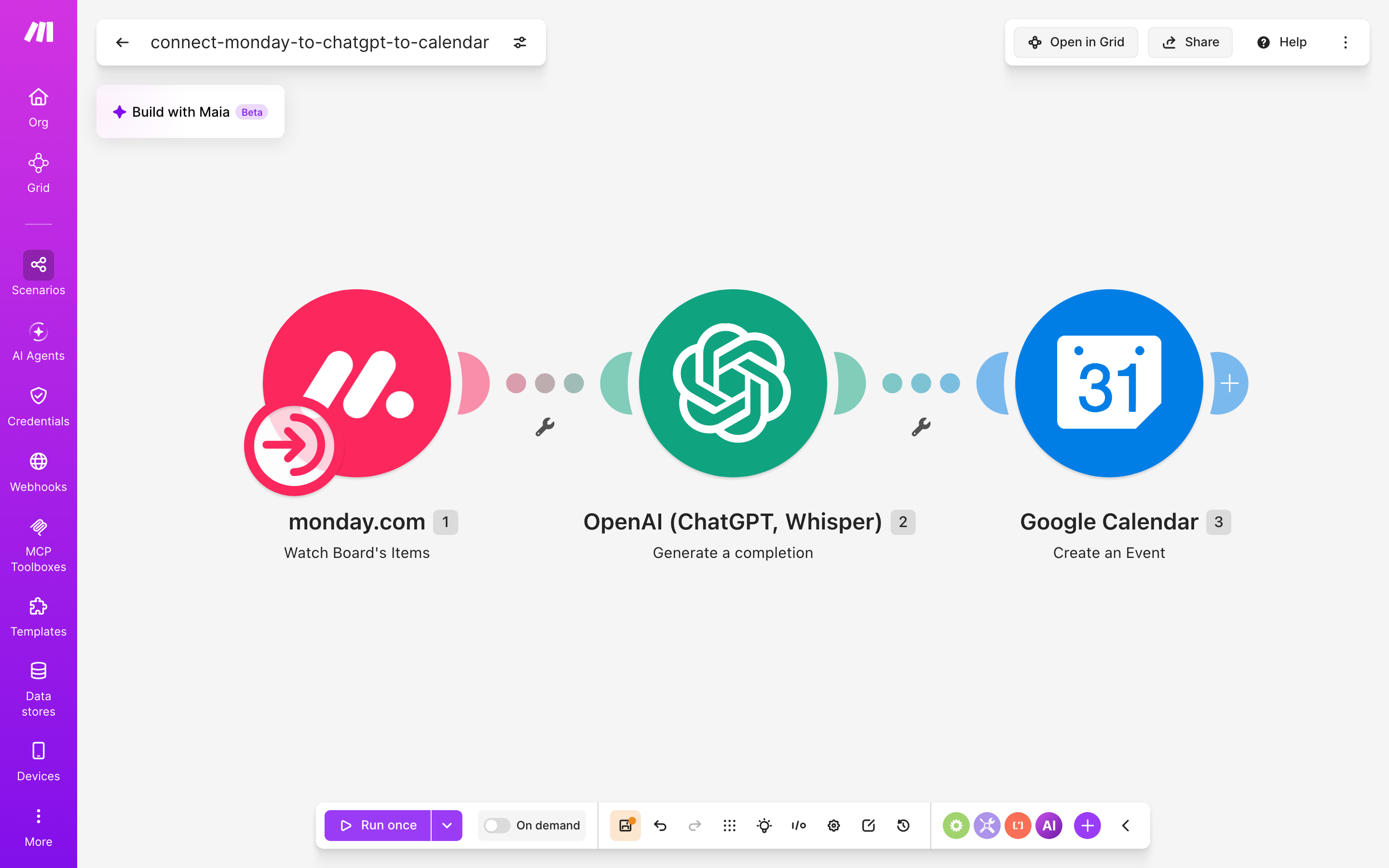 איך מחברים monday.com ל-Google Calendar — פריט חדש בלוח → ChatGPT מנסח בעברית → נוצר אירוע ביומן 2 עורך התרחיש — monday.com (Watch Board's Items) → ChatGPT (Generate a completion) → Google Calendar (Create an Event)