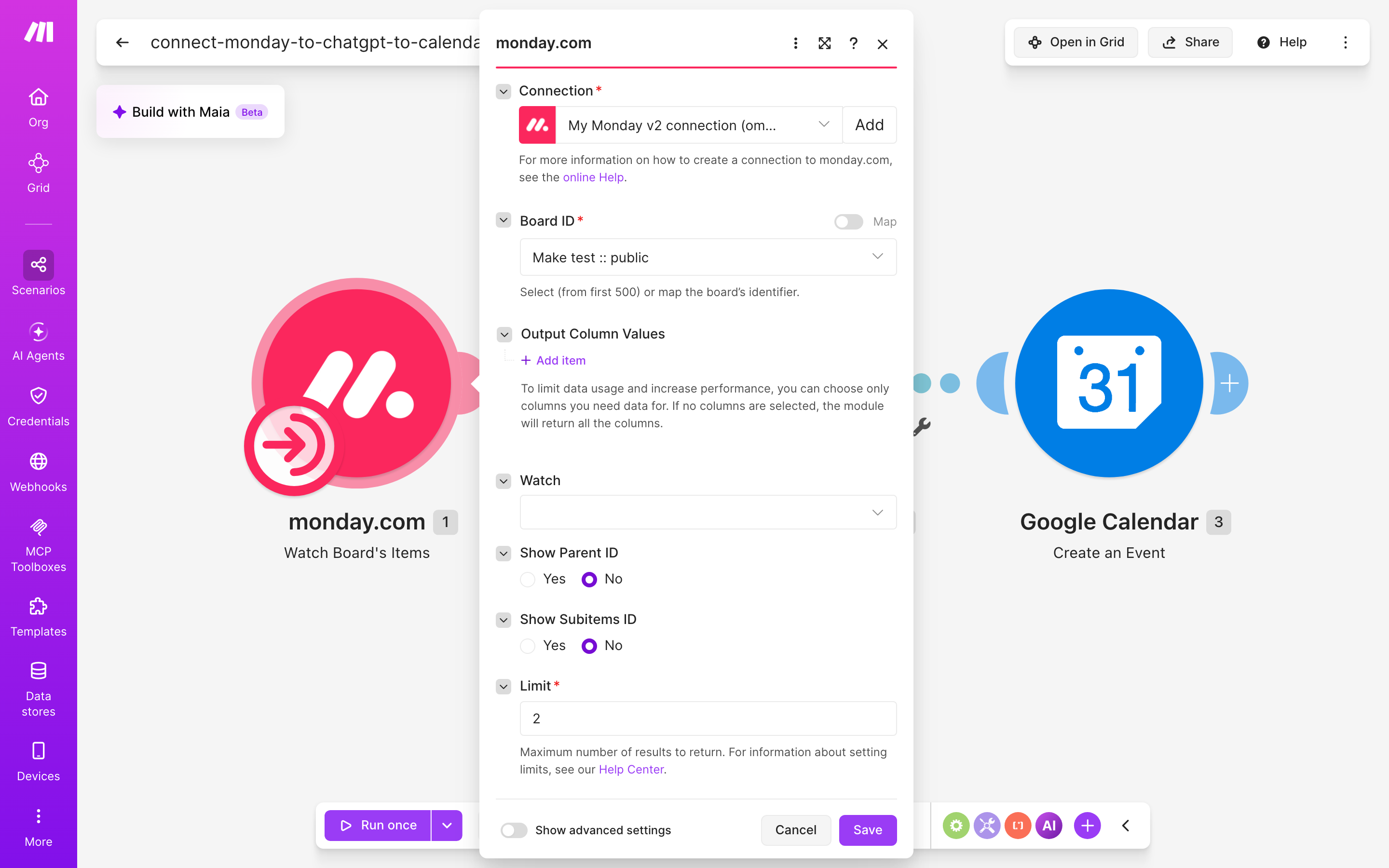 איך מחברים monday.com ל-Google Calendar — פריט חדש בלוח → ChatGPT מנסח בעברית → נוצר אירוע ביומן 3 הגדרות המודול monday.com — Watch Board's Items